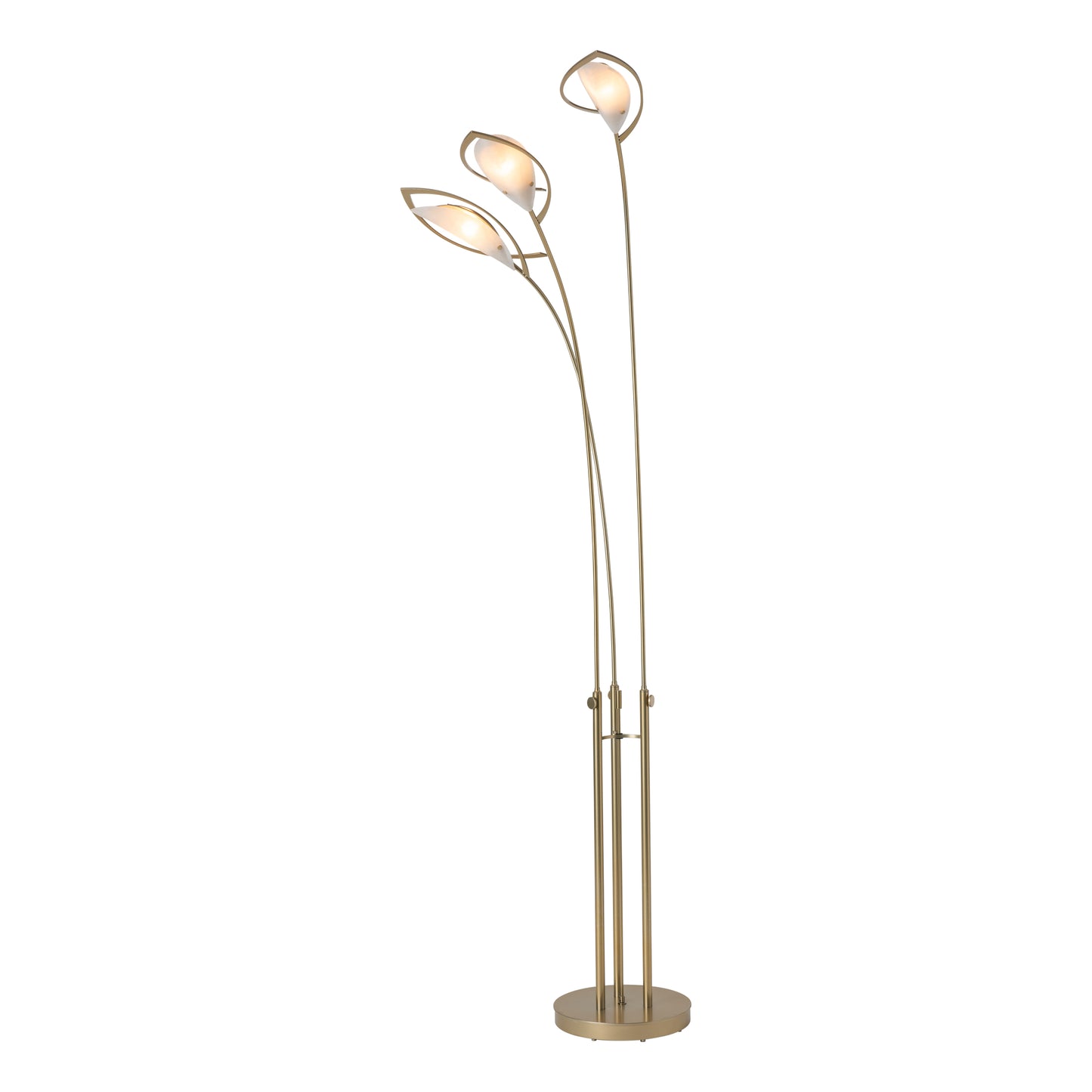 Hubbardton Forge Aerial Torchiere with three gold, leaf-inspired lights on hand-forged iron base, showcasing elegant American craftsmanship.