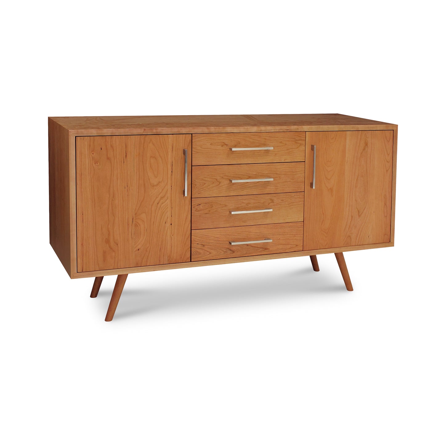 Lyndon Furniture Addison 4-Drawer Buffet crafted from solid wood with two doors, metal handles, and angled legs.