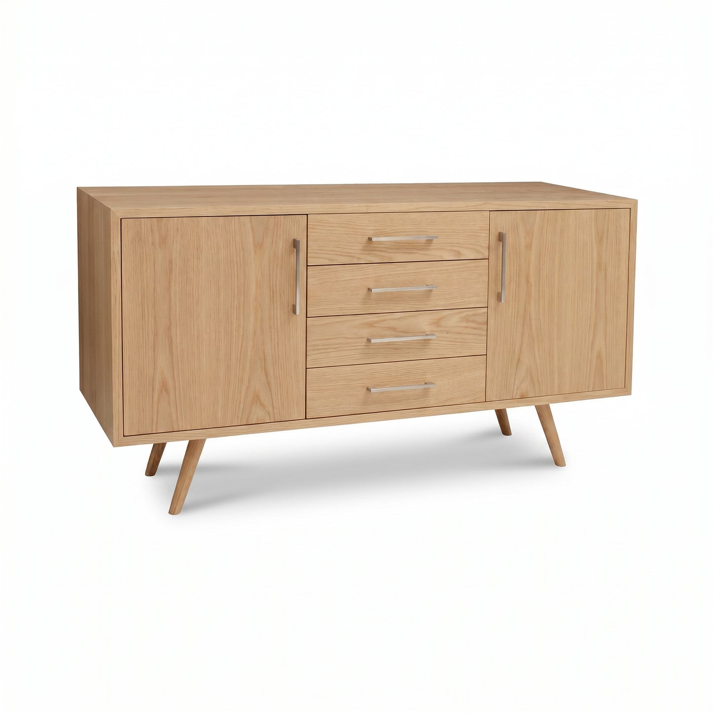Addison 4-Drawer Buffet by Lyndon Furniture, crafted from solid wood with two doors, four drawers, metal handles, and modern angled legs.