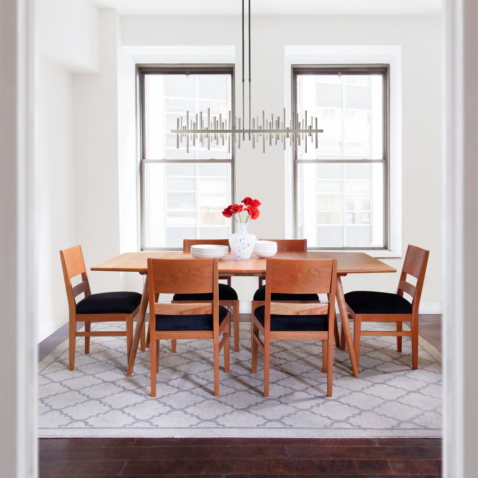 Natural solid wood dining table with 6 Burke Modern Chairs, showcasing exquisite craftsmanship.