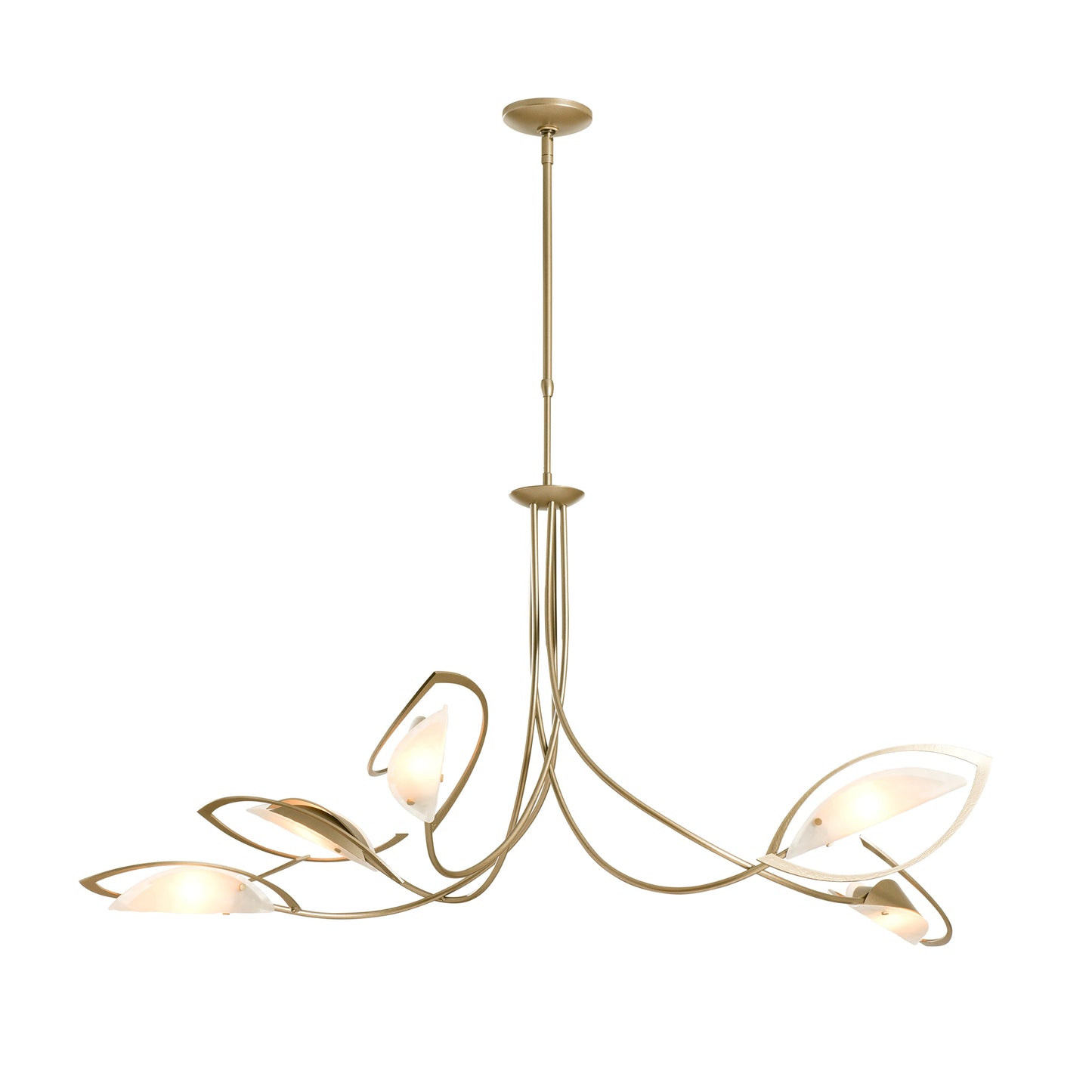Modern Aerial Pendant by Hubbardton Forge, featuring a gold leaf-like design with five illuminated bulbs on a central rod.