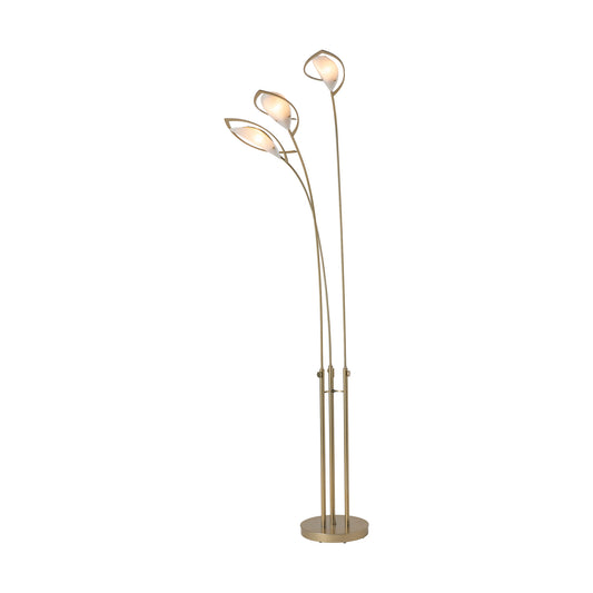 Aerial Torchiere brass floor lamp by Hubbardton Forge features three curved stems with leaf-shaped lights, highlighting modern American craftsmanship.