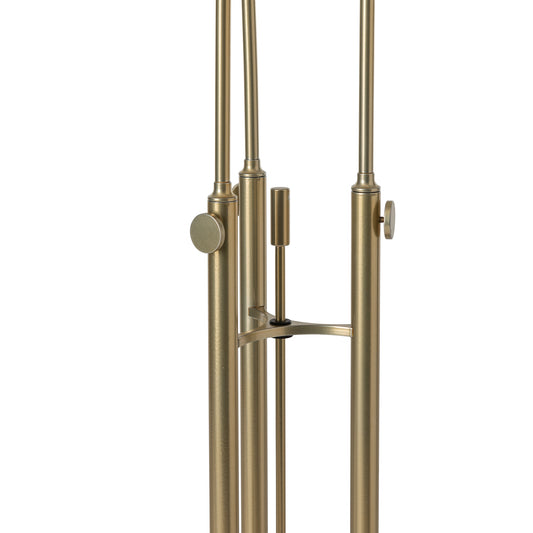 Hubbardton Forge Aerial Torchiere floor lamp in modern brass finish, featuring multiple rods and adjustment knobs, handcrafted in Vermont.