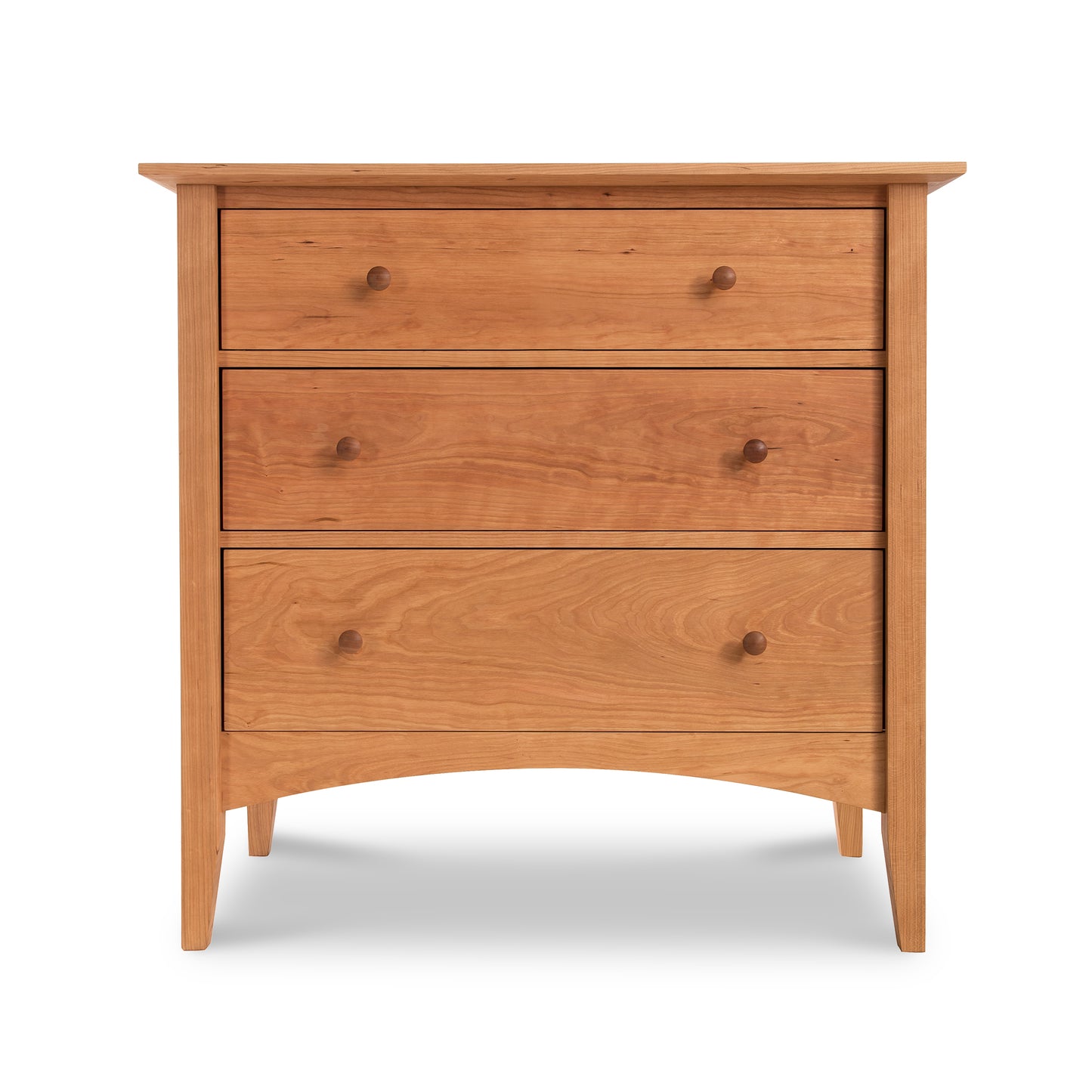 An Maple Corner Woodworks American Shaker 3-drawer chest on a white background, featuring a simple and traditional design with round knobs and slightly curved legs.