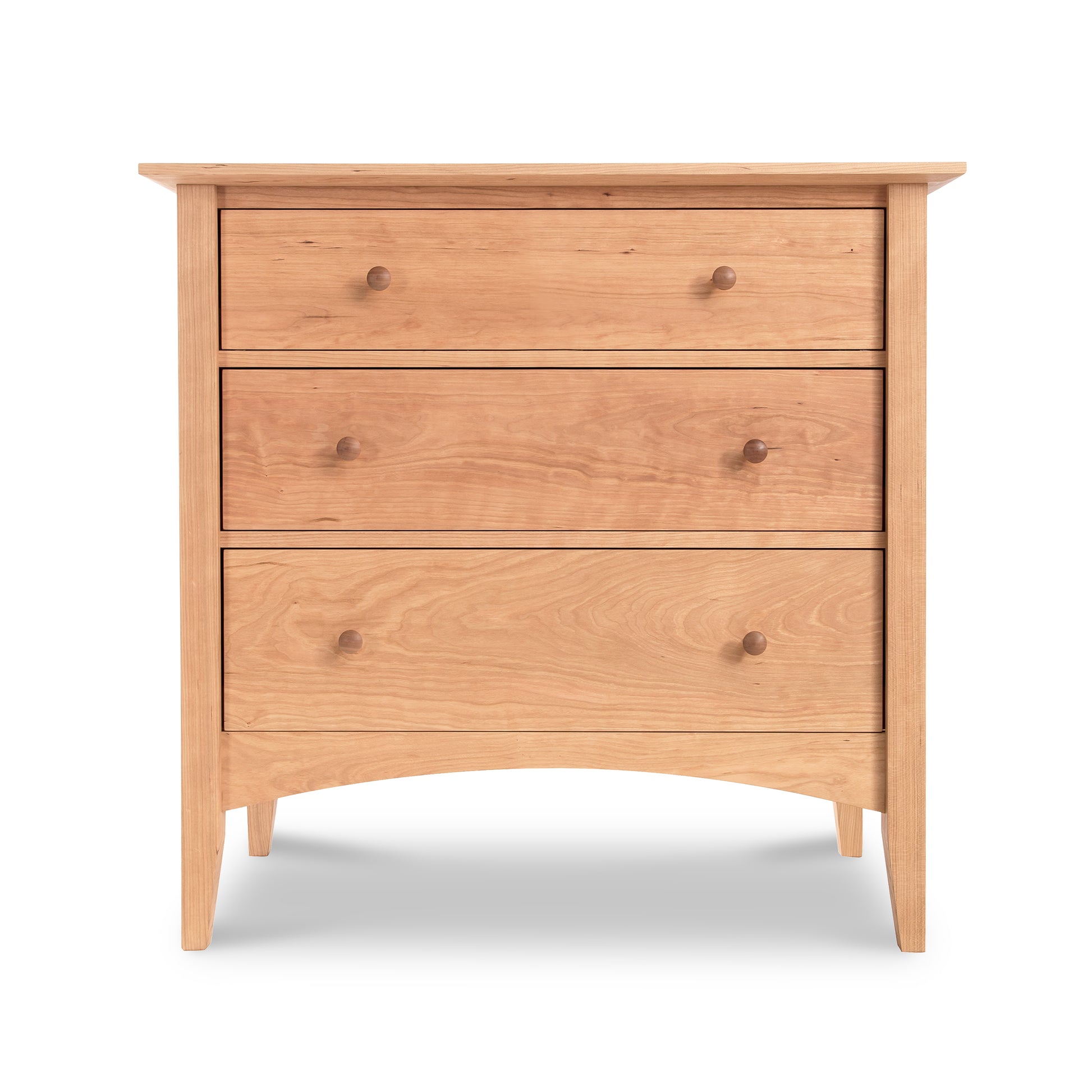 American Shaker 3-Drawer Chest by Maple Corner Woodworks, crafted from solid wood with round knob handles and a smooth finish, standing on four legs.