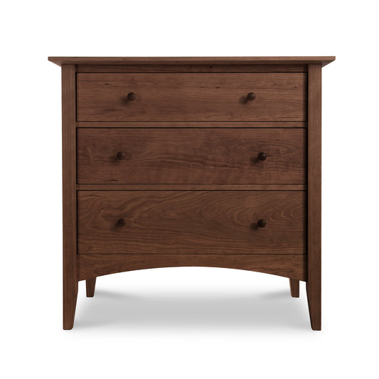 American Shaker 3-Drawer Chest by Maple Corner Woodworks, solid wood in dark brown finish, classic Shaker style with three spacious drawers and simple round knobs.