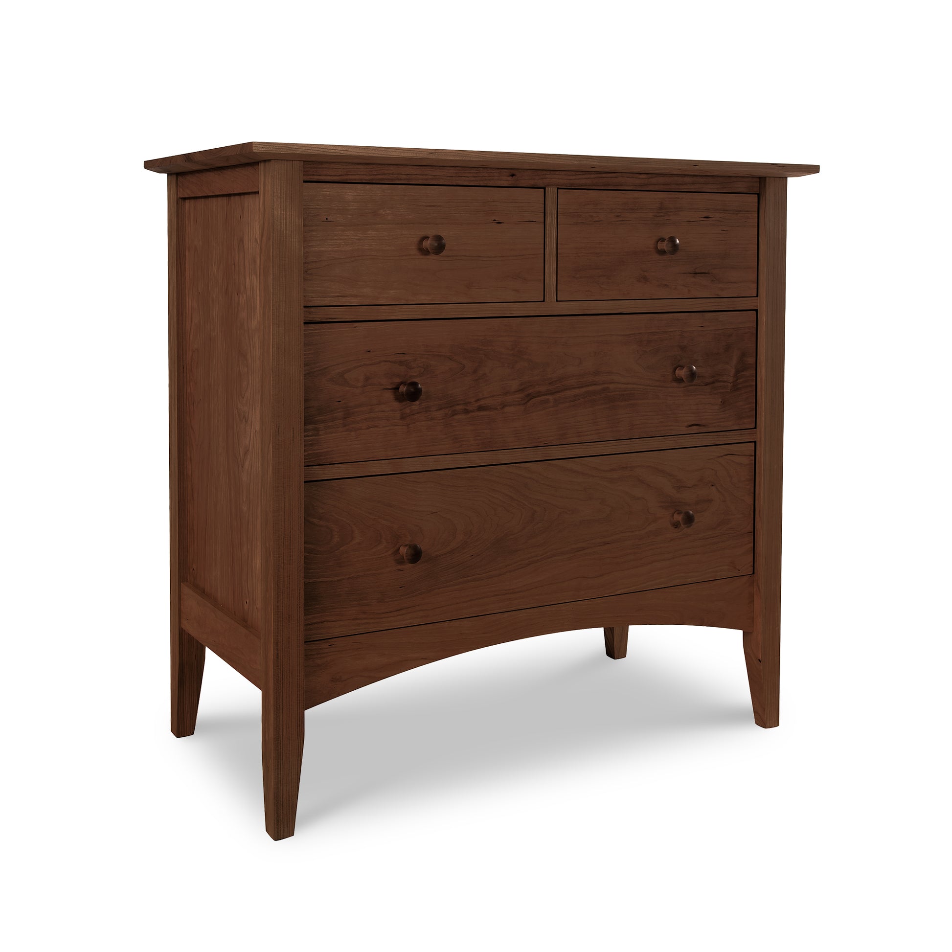 American Shaker 4-Drawer Chest with two smaller top drawers and two larger bottom drawers, featuring simple round knobs, exquisitely handcrafted by Maple Corner Woodworks.
