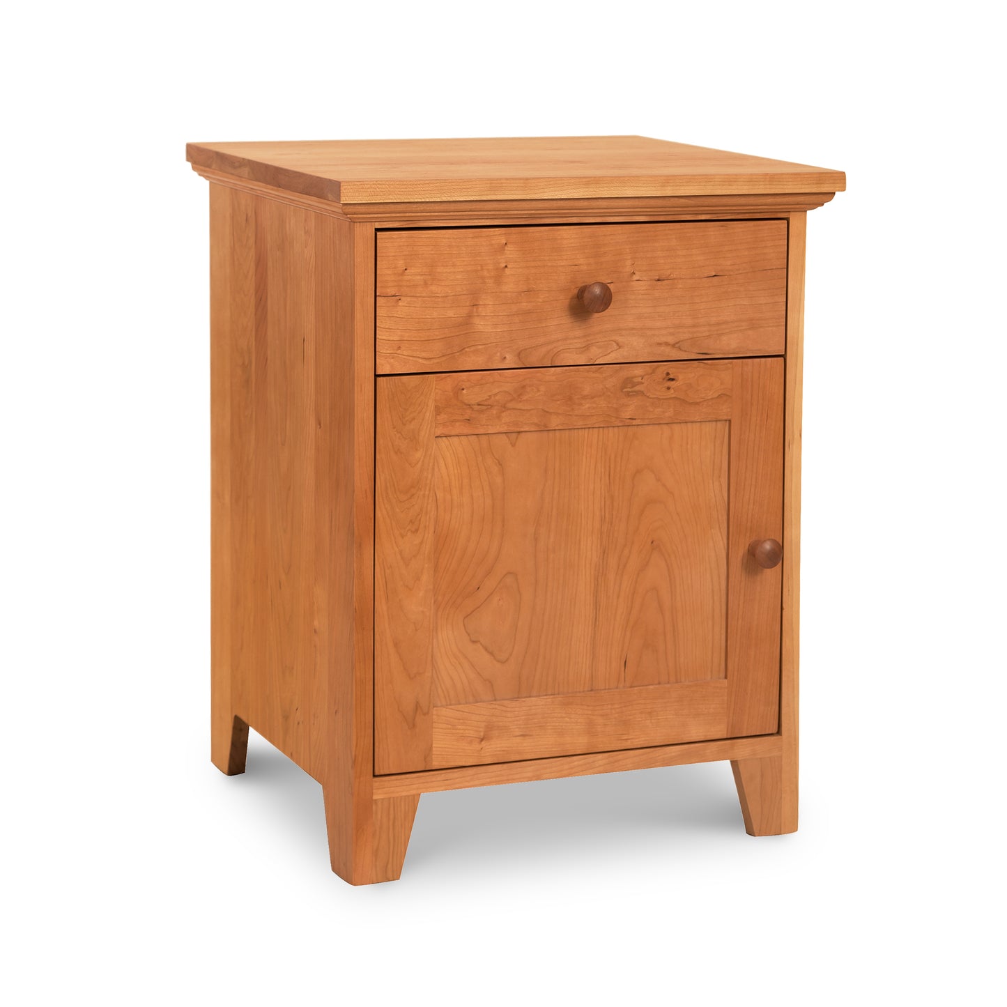 Handcrafted Lyndon Furniture's American Country Nightstand in solid wood with shaker design, light brown drawer, and cabinet.