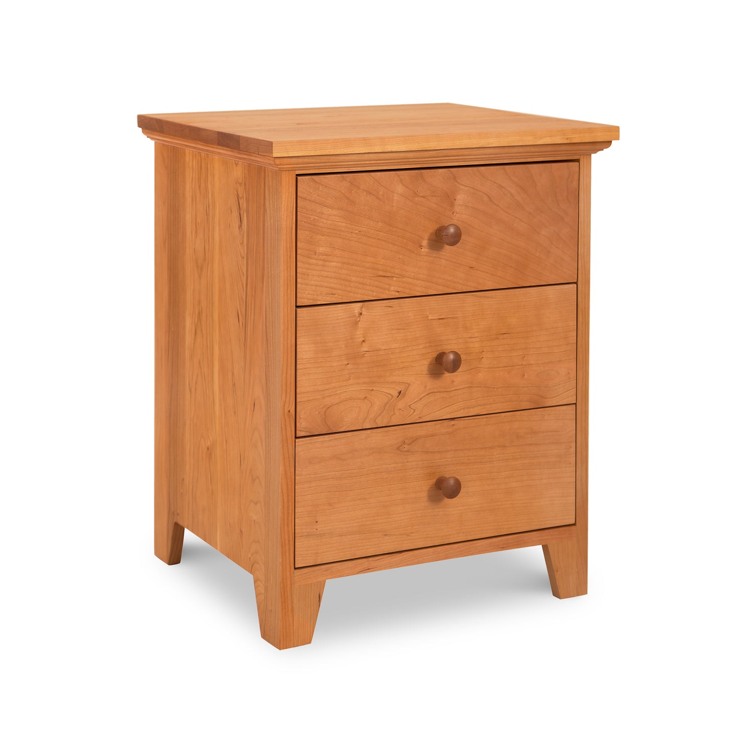 American Country 3-Drawer Nightstand by Lyndon Furniture, featuring a natural finish, round knobs, and short legs for elegant bedside storage.