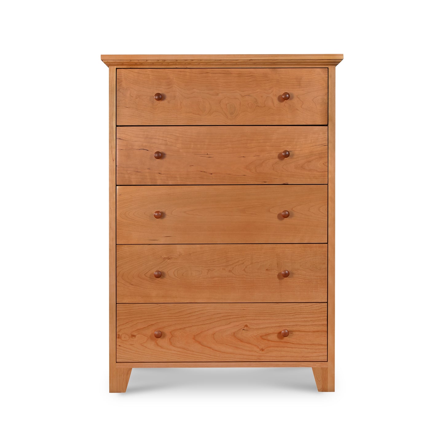 Handmade Lyndon Furniture American Country 5-Drawer Chest with round knobs and four legs, crafted from sustainable wood.