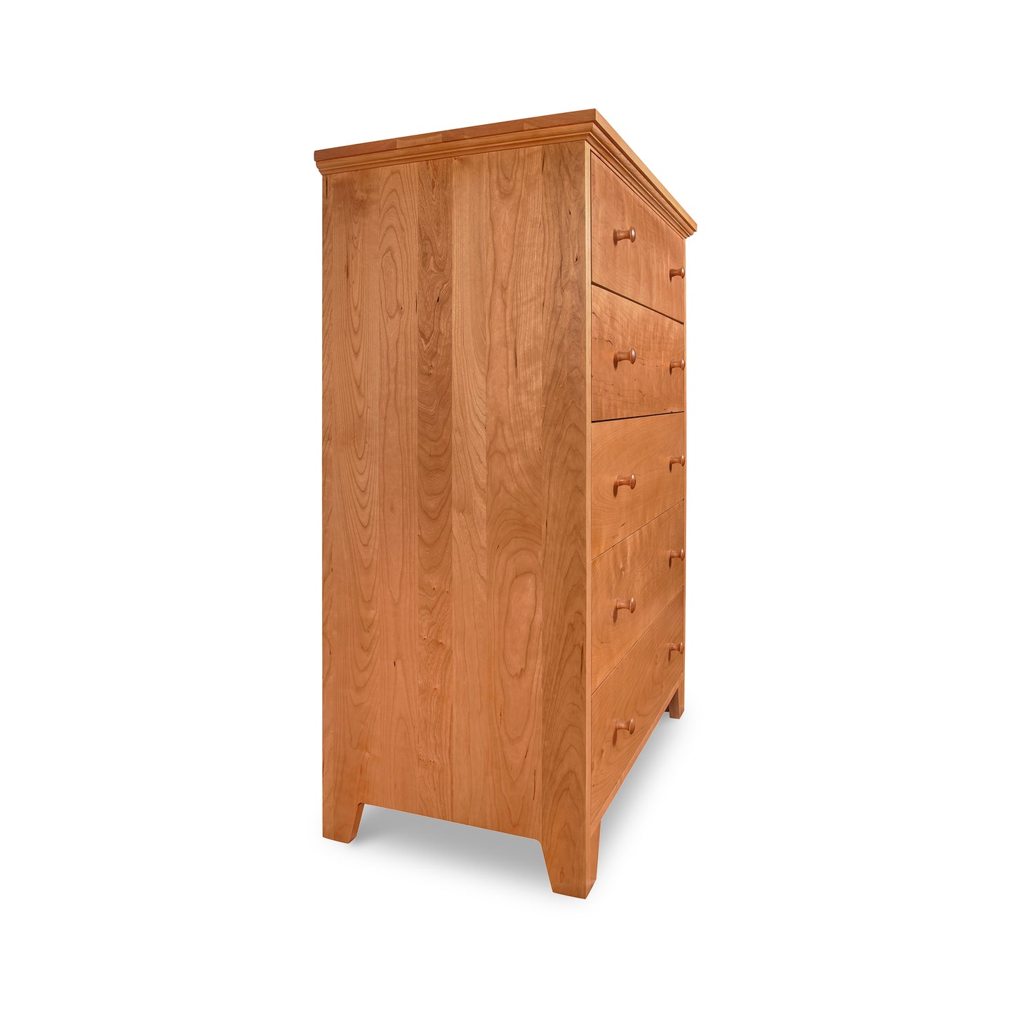 American Country 5-Drawer Chest by Lyndon Furniture, handmade from sustainably harvested Vermont wood, featuring a simple light brown design.