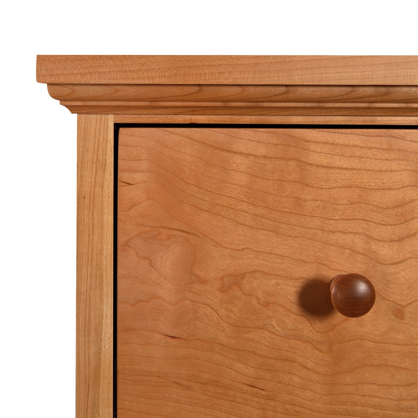 Lyndon Furniture American Country 5-Drawer Chest with round knob, natural wood grain, and decorative trim, crafted in Vermont.