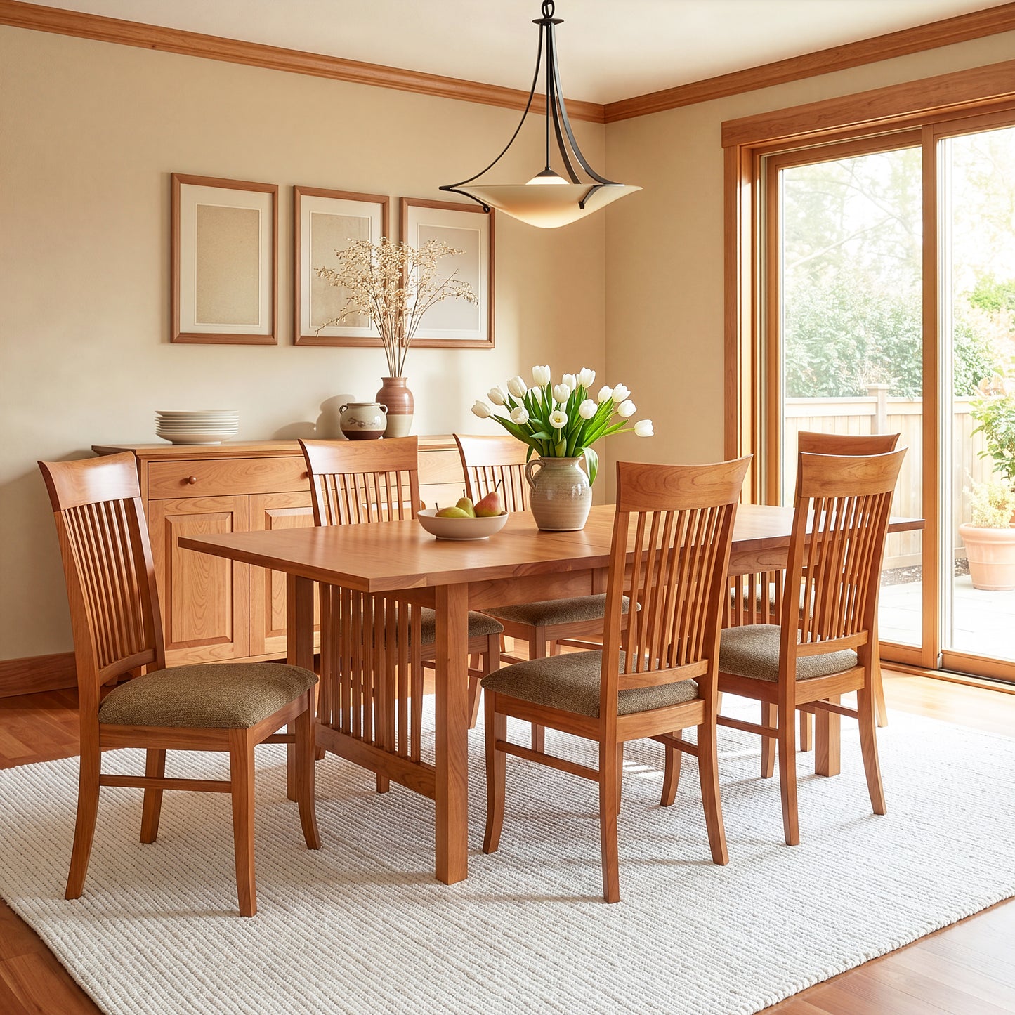Lyndon Furniture American Mission Extension Dining Table with six matching chairs by Vermont Woods Studios, showcasing high quality American craftsmanship.