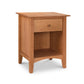A Maple Corner Woodworks American Shaker 1-Drawer Enclosed Shelf Nightstand featuring a single drawer and an open shelf below, set against a plain white background.