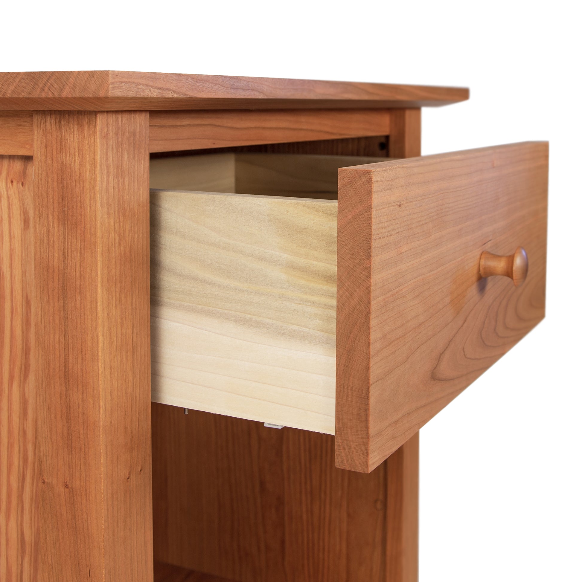 American Shaker 1-Drawer Enclosed Shelf Nightstand by Maple Corner Woodworks, featuring Vermont craftsmanship with a natural wood finish, light-colored drawer interior, and round knob in classic American Shaker design.