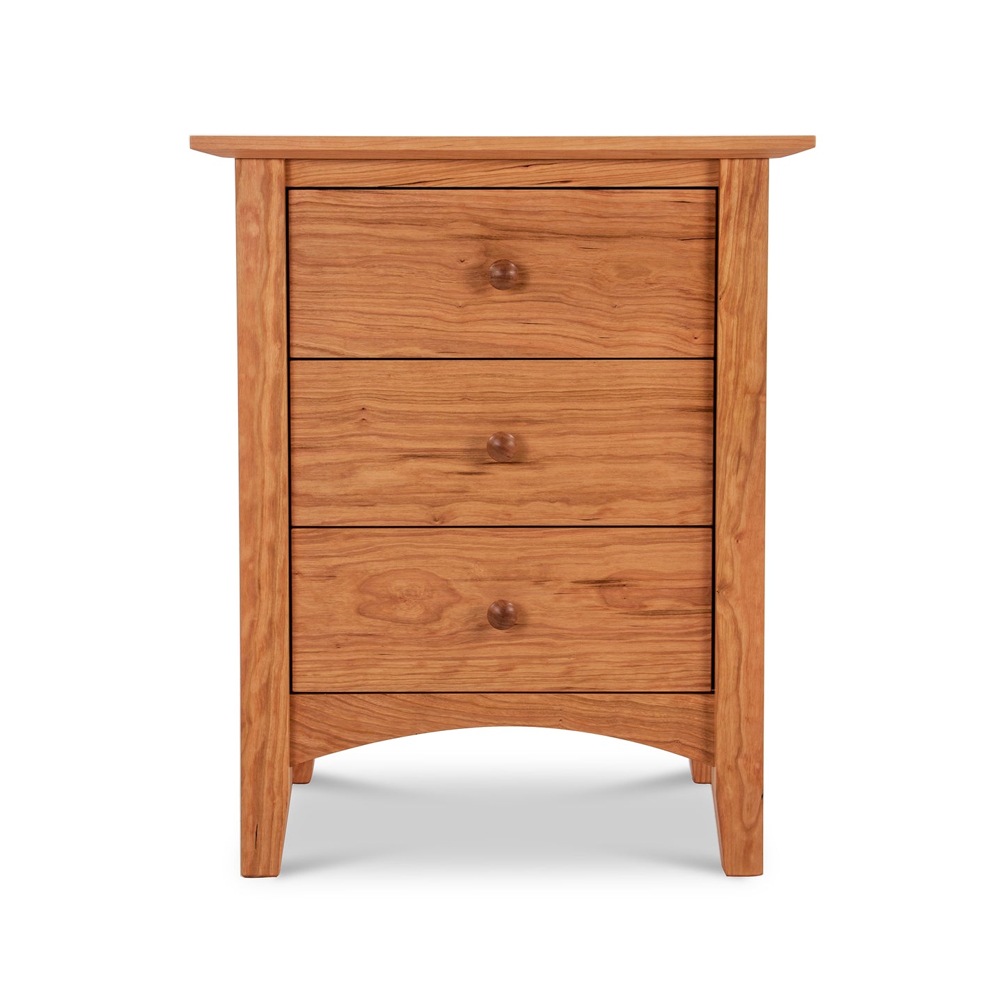 American Shaker 3-Drawer Nightstand by Maple Corner Woodworks, handcrafted from eco-friendly wood with round knobs, displayed against a plain background.