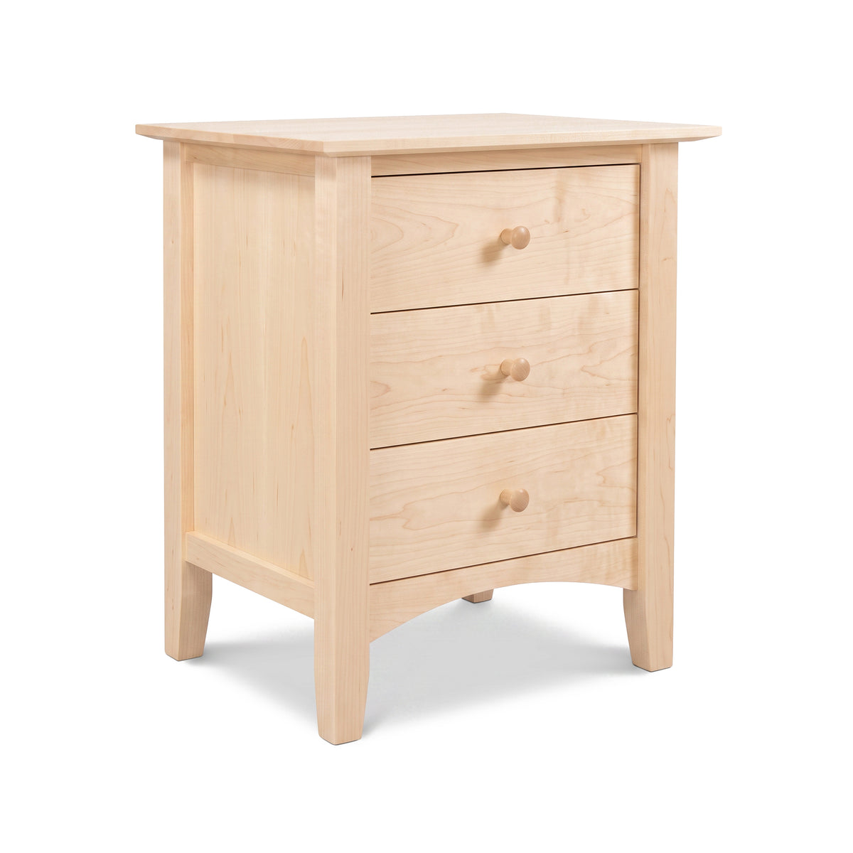 American Shaker 3-Drawer Nightstand by Maple Corner Woodworks, crafted in Vermont from light wood with classic round knobs, American made quality.