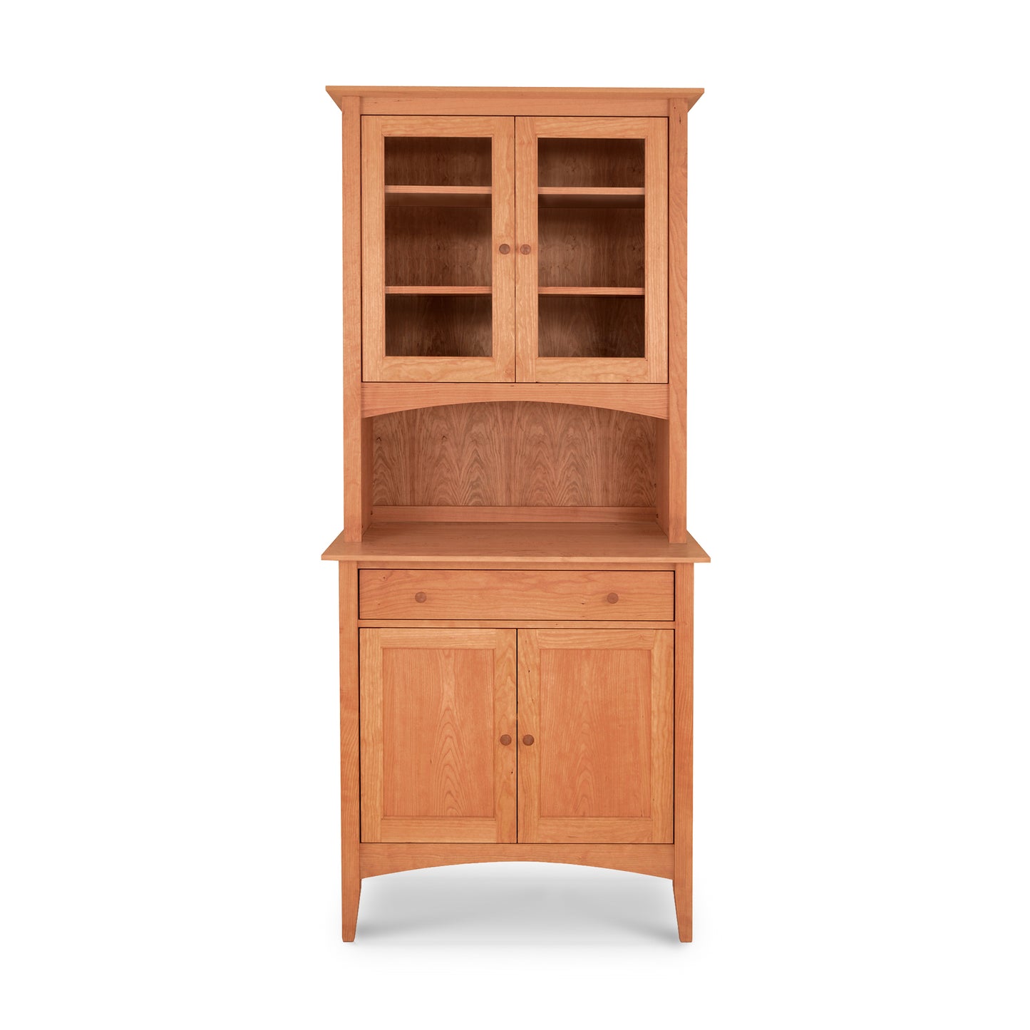 American Shaker Small 38" China Cabinet by Maple Corner Woodworks featuring a refined wooden design with top glass doors, an open middle shelf, and a bottom section with closed doors and drawer, showcasing exquisite Vermont craftsmanship.