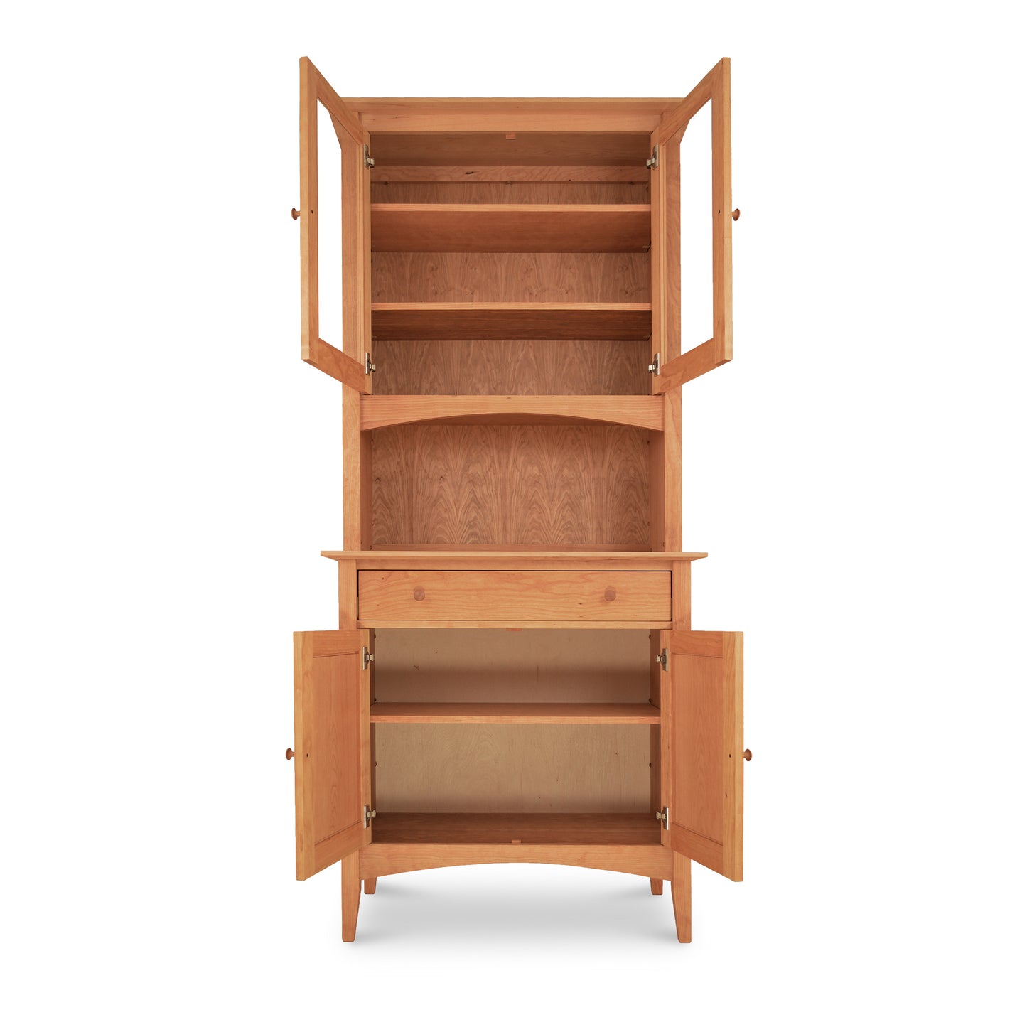 American Shaker Small 38" China Cabinet by Maple Corner Woodworks showcasing glass-paneled doors, spacious shelves, and a central open drawer, highlighting classic Shaker-style design.