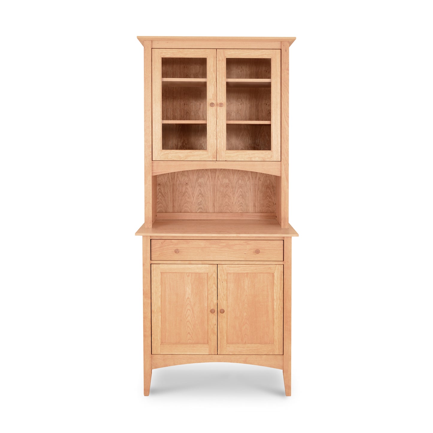 American Shaker Small 38" China Cabinet with glass doors and shelves on top, solid doors and a drawer on the bottom, crafted from light wood for lasting elegance by Maple Corner Woodworks.