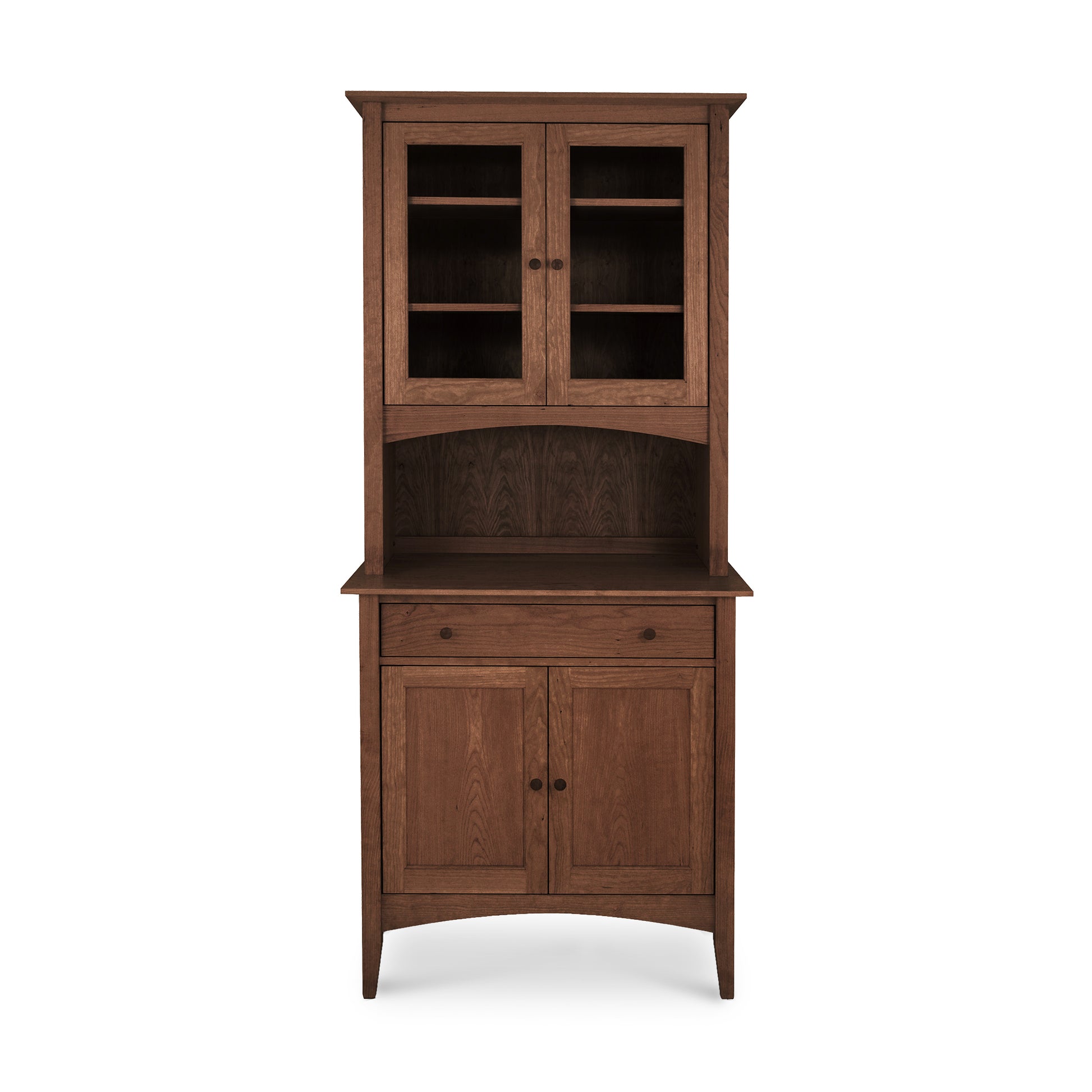 An Maple Corner Woodworks American Shaker Small 38" China Cabinet with an upper section sporting two glass-paneled doors and a lower cabinet section boasting two solid doors, against a white background. This piece is characterized by its solid hardwood construction.