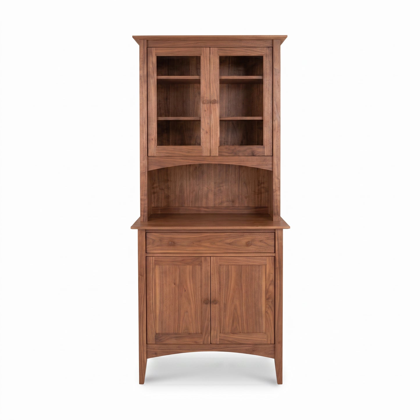 American Shaker Small 38" China Cabinet by Maple Corner Woodworks with glass doors, open shelves, and lower cabinets in handcrafted medium-toned wood.