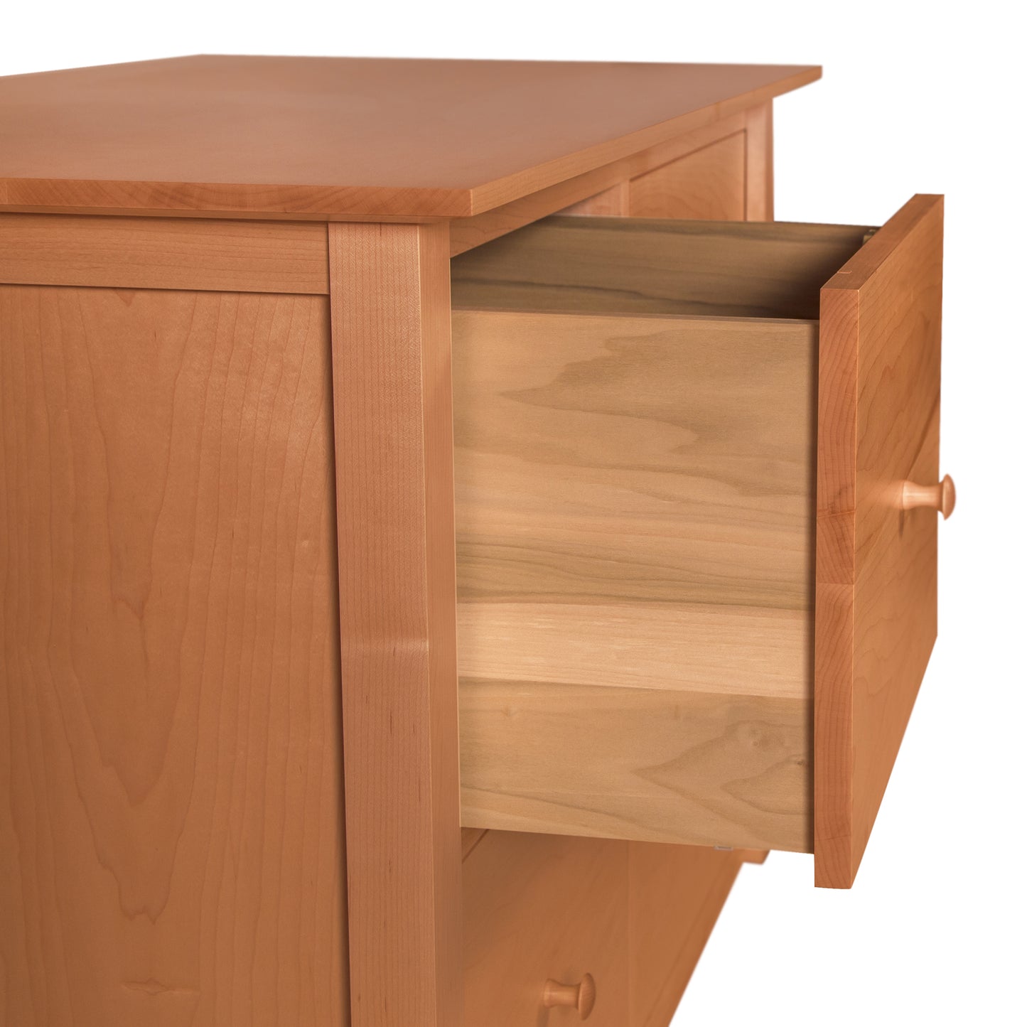 American Shaker 4-Drawer File Credenza by Maple Corner Woodworks with one open drawer, highlighting handcrafted interior and superior natural wood finish.