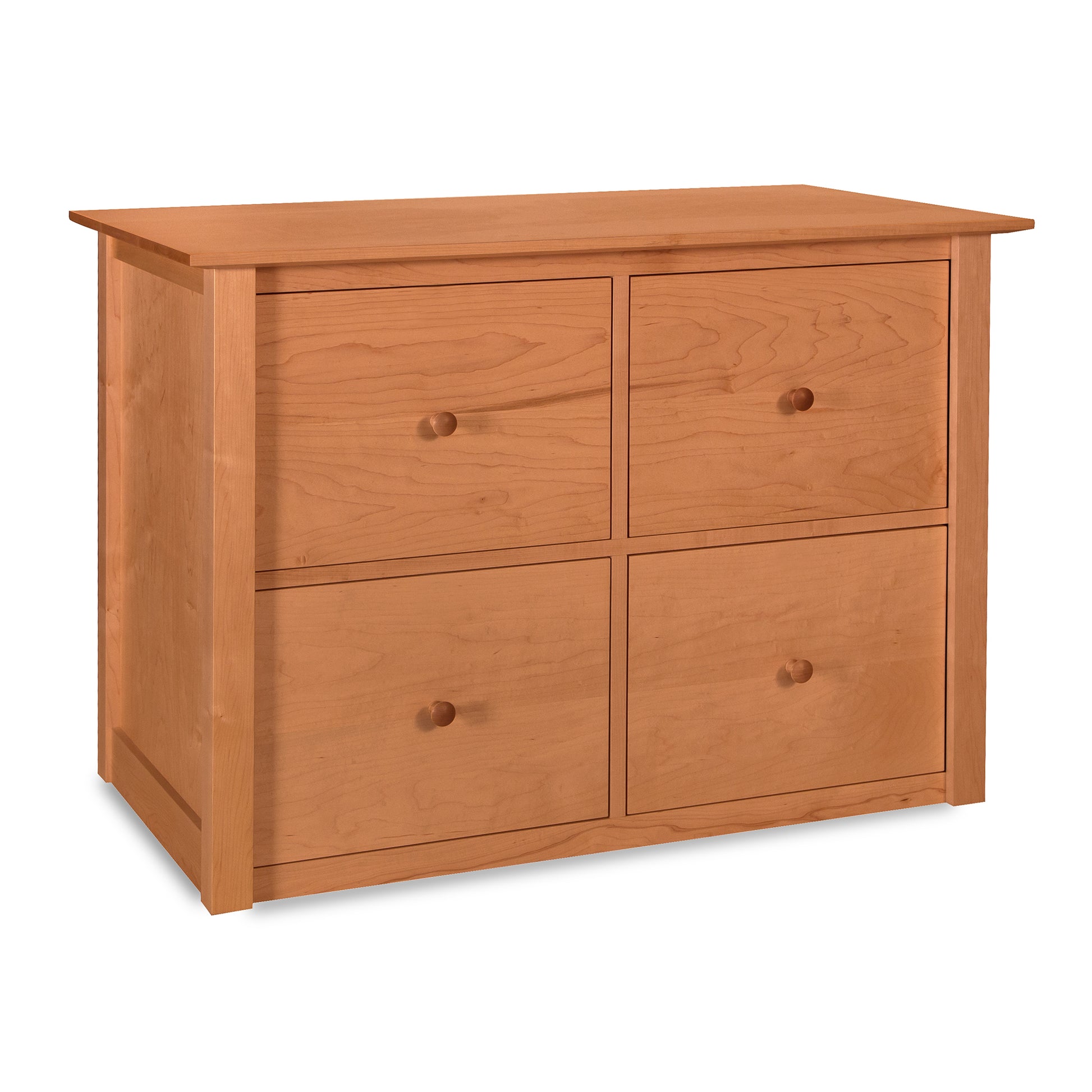 A wooden American Shaker 4-Drawer File Credenza with round knobs from Maple Corner Woodworks, isolated on a white background.