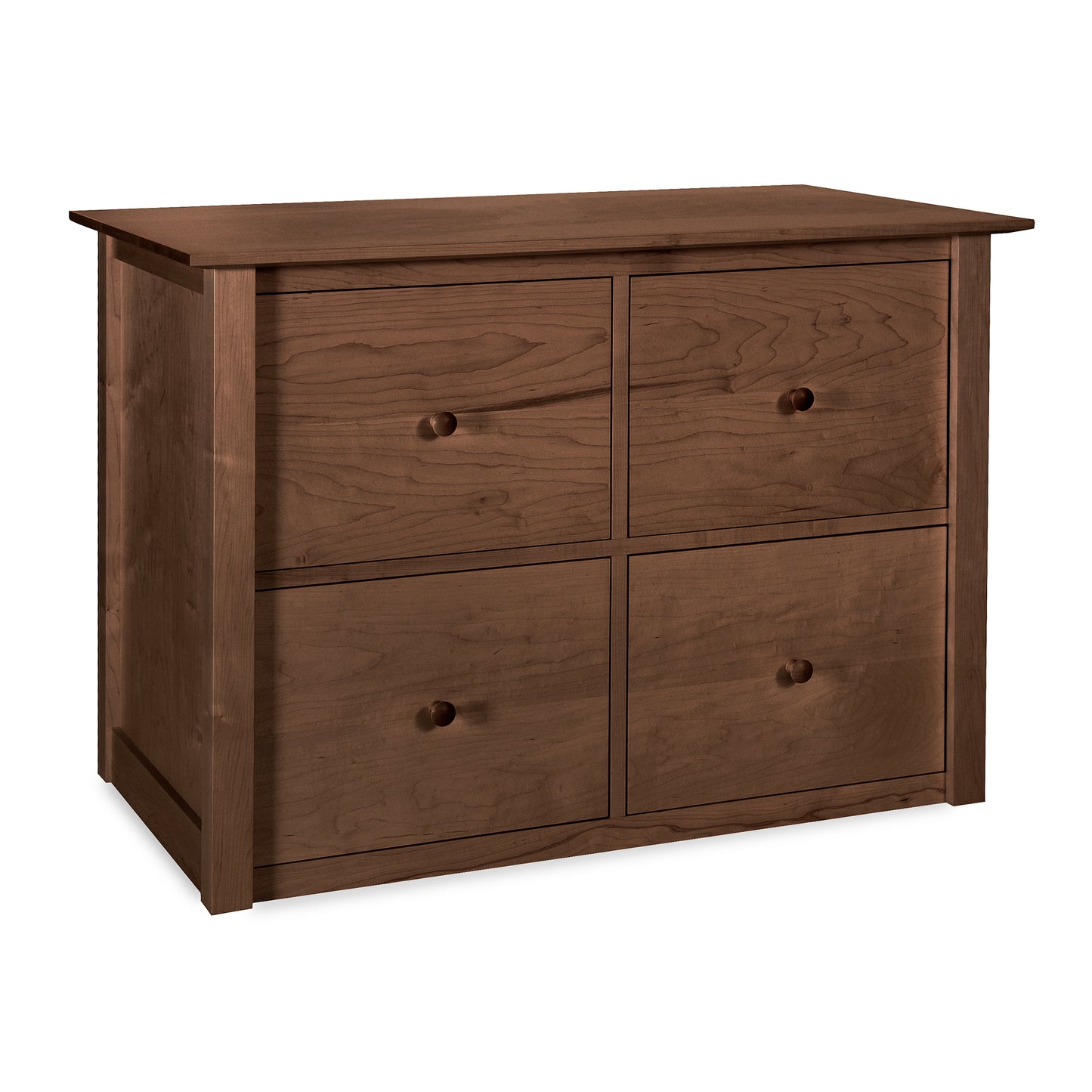 American Shaker 4-Drawer File Credenza with round knobs, featuring a smooth dark brown finish.