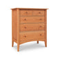 A natural solid wood American Shaker 5-Drawer Chest with a simple design and round knobs from the Maple Corner Woodworks Collection, set against a white background.