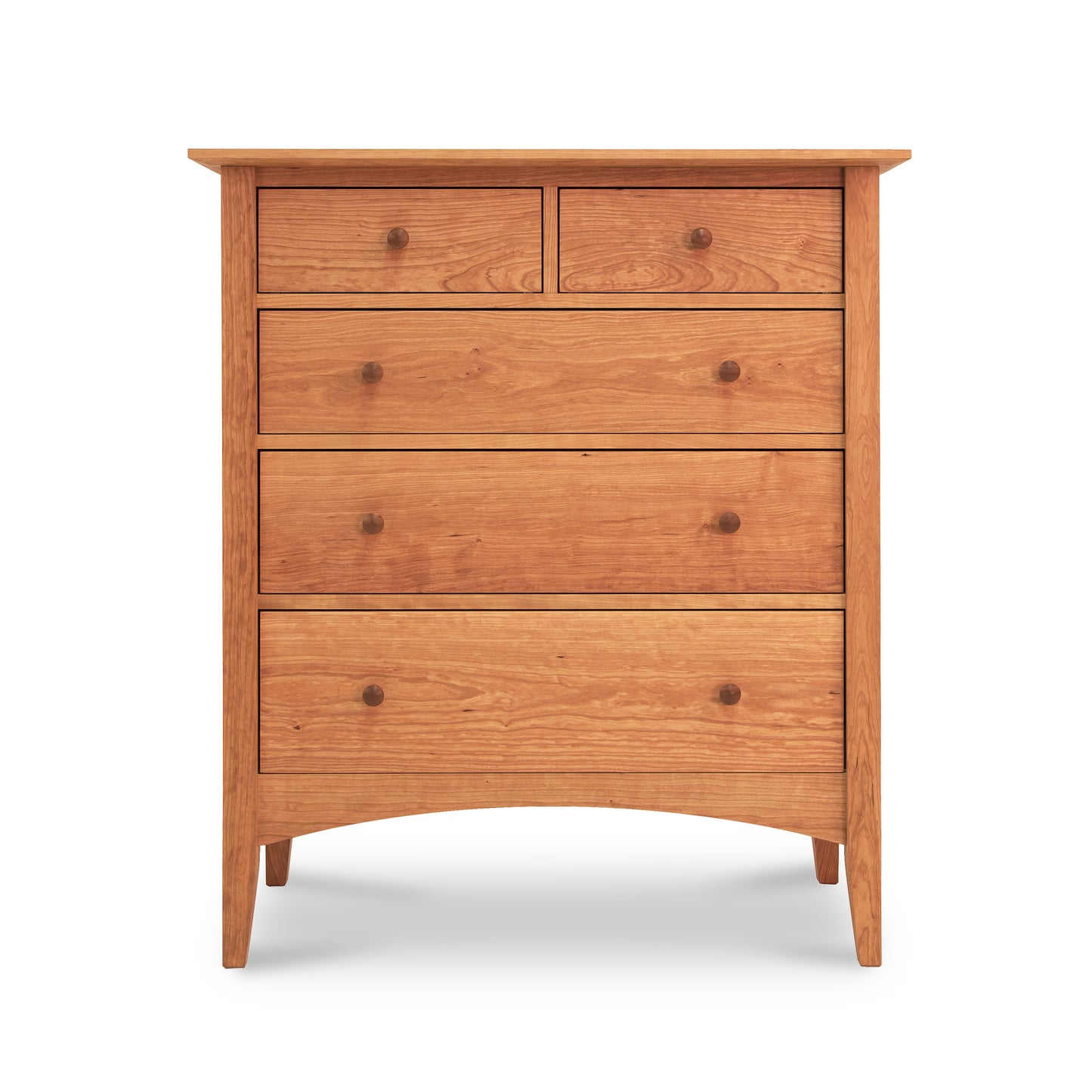 American Shaker 5-Drawer Chest by Maple Corner Woodworks with two small top drawers and three larger bottom ones, each featuring round knobs.