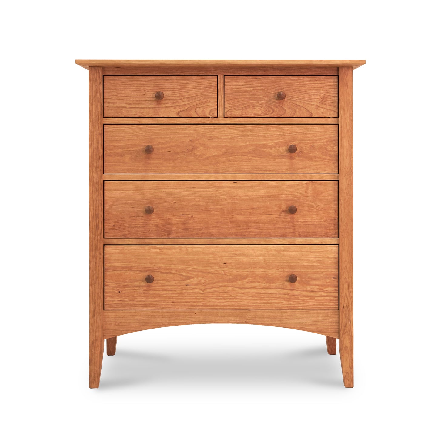 A Maple Corner Woodworks American Shaker 5-Drawer Chest crafted from sustainably harvested wood, with a natural finish and simple, round knobs, set against a plain white background. The dresser features a smaller split top drawer and four