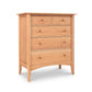 An Maple Corner Woodworks American Shaker 5-Drawer Chest made from natural solid wood, with five visible drawers each featuring a round knob, standing against a white background.