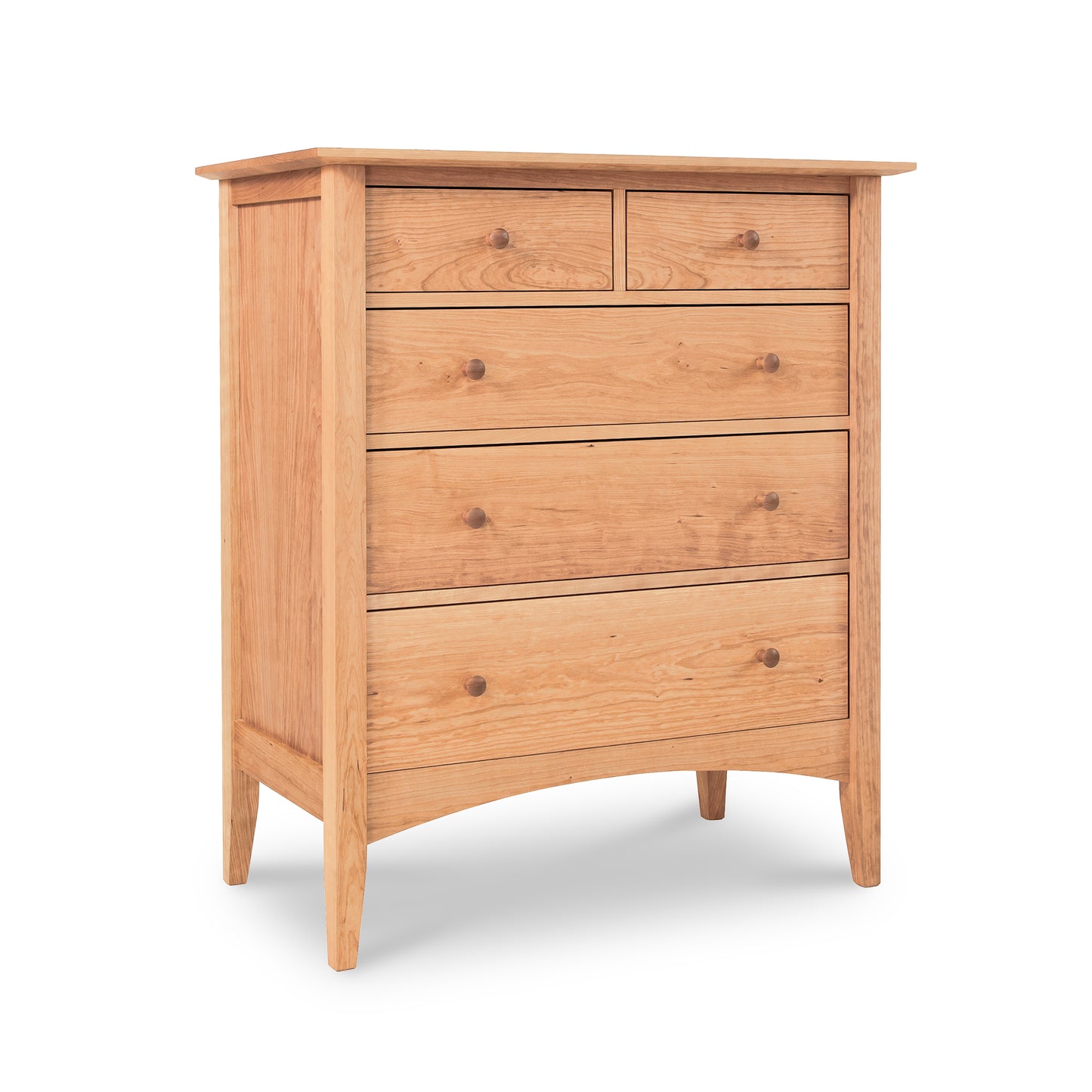 A Maple Corner Woodworks American Shaker 5-Drawer Chest, made from sustainably harvested wood, featuring round knobs and tapered legs, isolated on a white background.