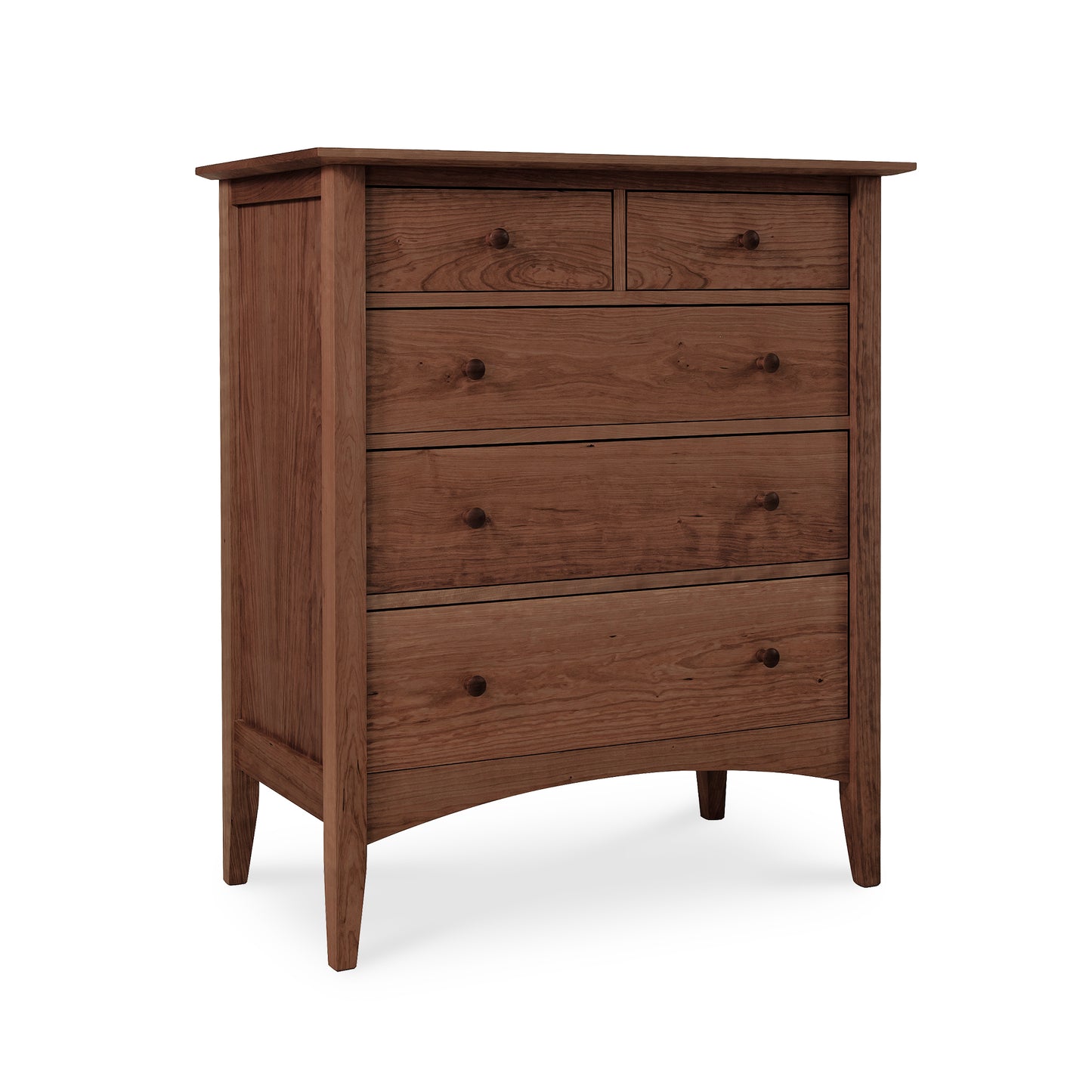 A Maple Corner Woodworks American Shaker 5-Drawer Chest in a rich brown finish, featuring a simple, traditional design with round knobs and slightly angled legs is part of the American Shaker Furniture Collection.