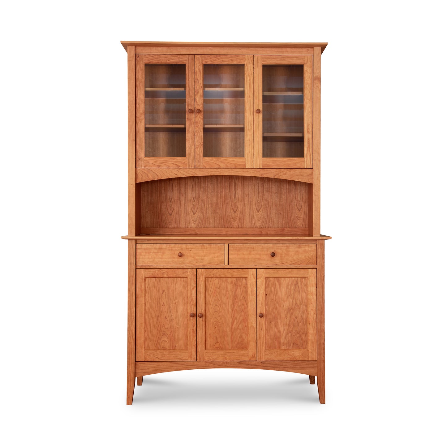 American Shaker 50" China Cabinet by Maple Corner Woodworks, showcasing Vermont craftsmanship with a natural wood finish, featuring two lower drawers and cabinets, and upper glass-paneled doors.