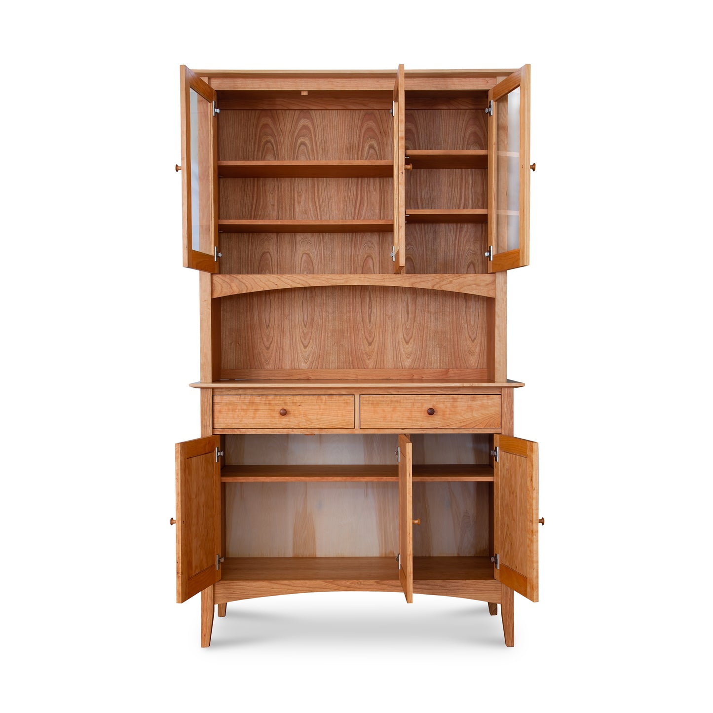 American Shaker 50" China Cabinet by Maple Corner Woodworks, showcasing Vermont craftsmanship with solid hardwood construction, open doors reveal multiple shelves and drawers for generous interior storage.