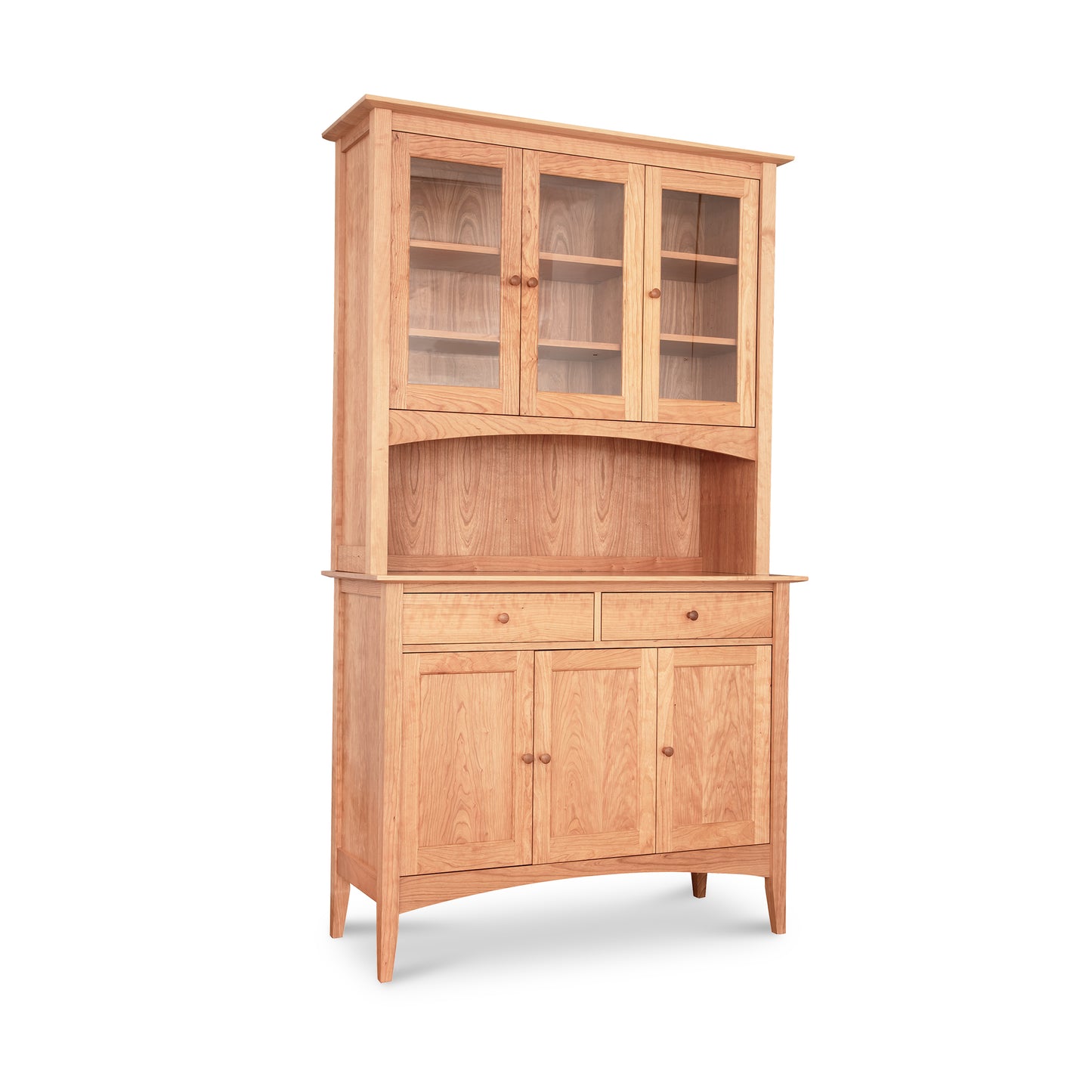 American Shaker 50" China Cabinet featuring glass-paneled upper doors, two lower cabinets, and two central drawers on four sturdy legs by Maple Corner Woodworks.