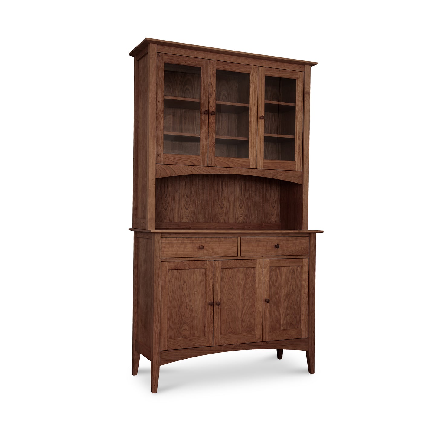 American Shaker 50" China Cabinet by Maple Corner Woodworks showcasing glass-paneled upper doors, three drawers, and lower cabinets in timeless Shaker design and solid hardwood construction.