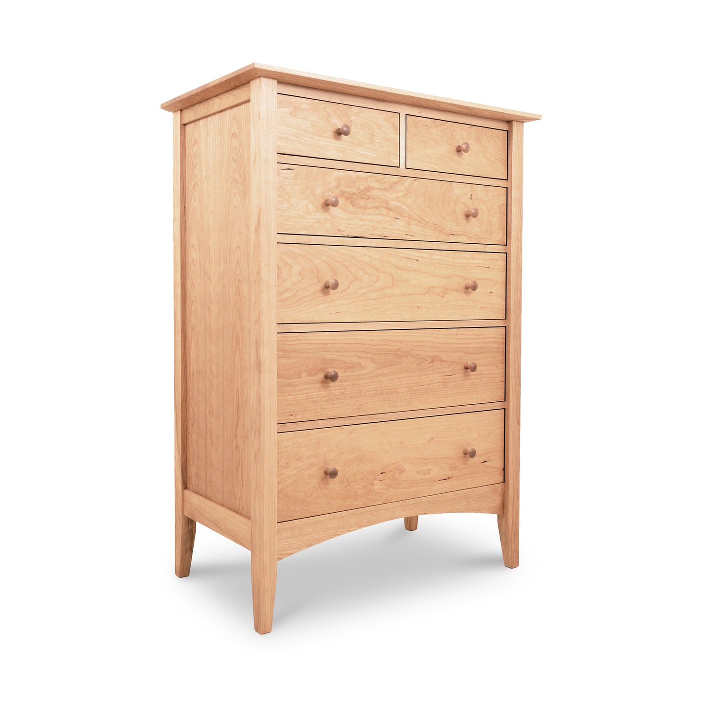 A American Shaker 6-Drawer Chest with six drawers, featuring a light natural finish and slightly tapered legs, crafted from sustainably-harvested solid wood, isolated on a white background. Brand Name: Maple Corner Woodworks