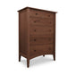 A wooden American Shaker 6-Drawer Chest from Maple Corner Woodworks, standing on angled legs, isolated against a white background. The chest features a dark brown finish with visible wood grain and simple handles.