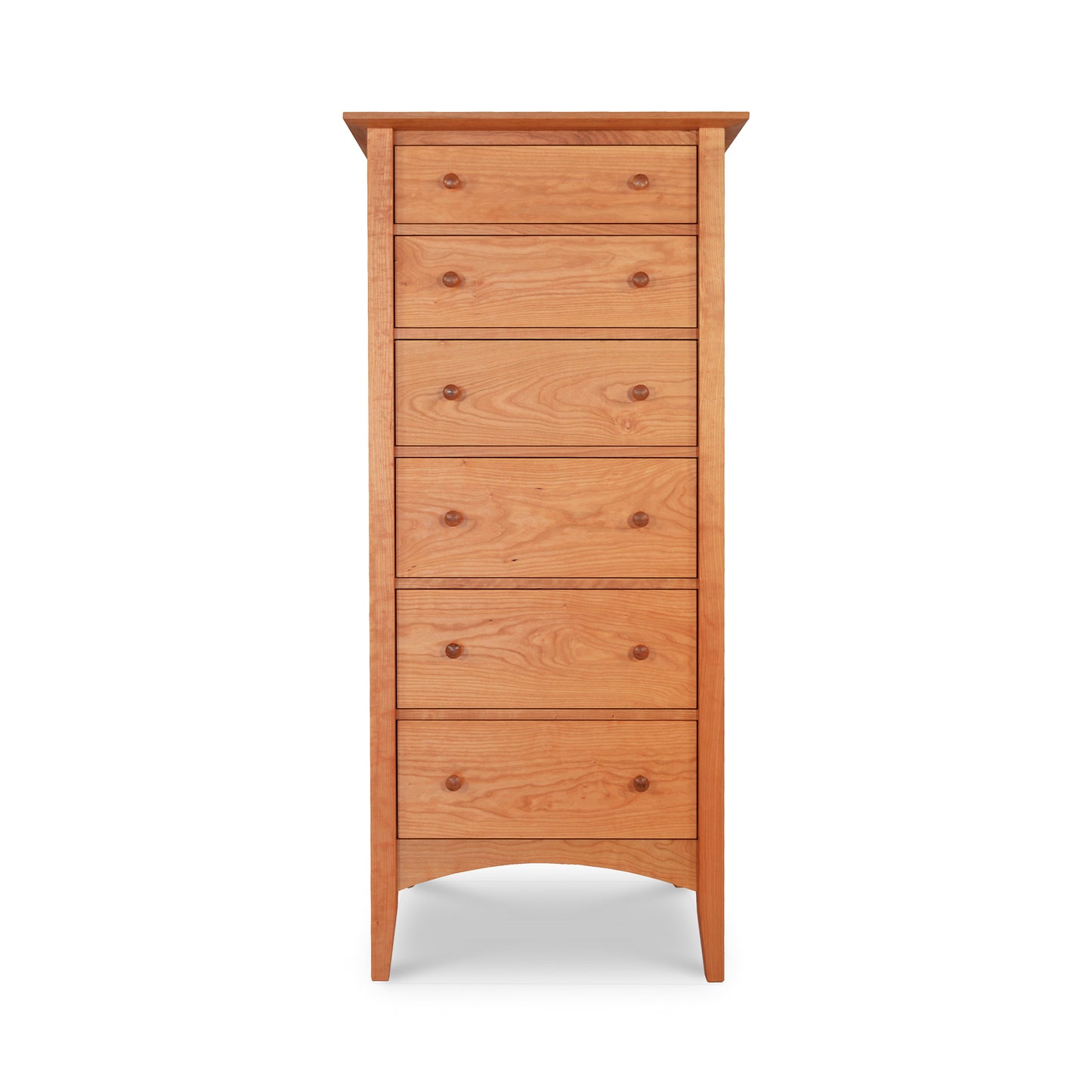 A tall, slender American Shaker Lingerie Chest from Maple Corner Woodworks with five drawers, each featuring a round knob, standing against a plain white background. The lingerie chest has a slightly overhanging top.
