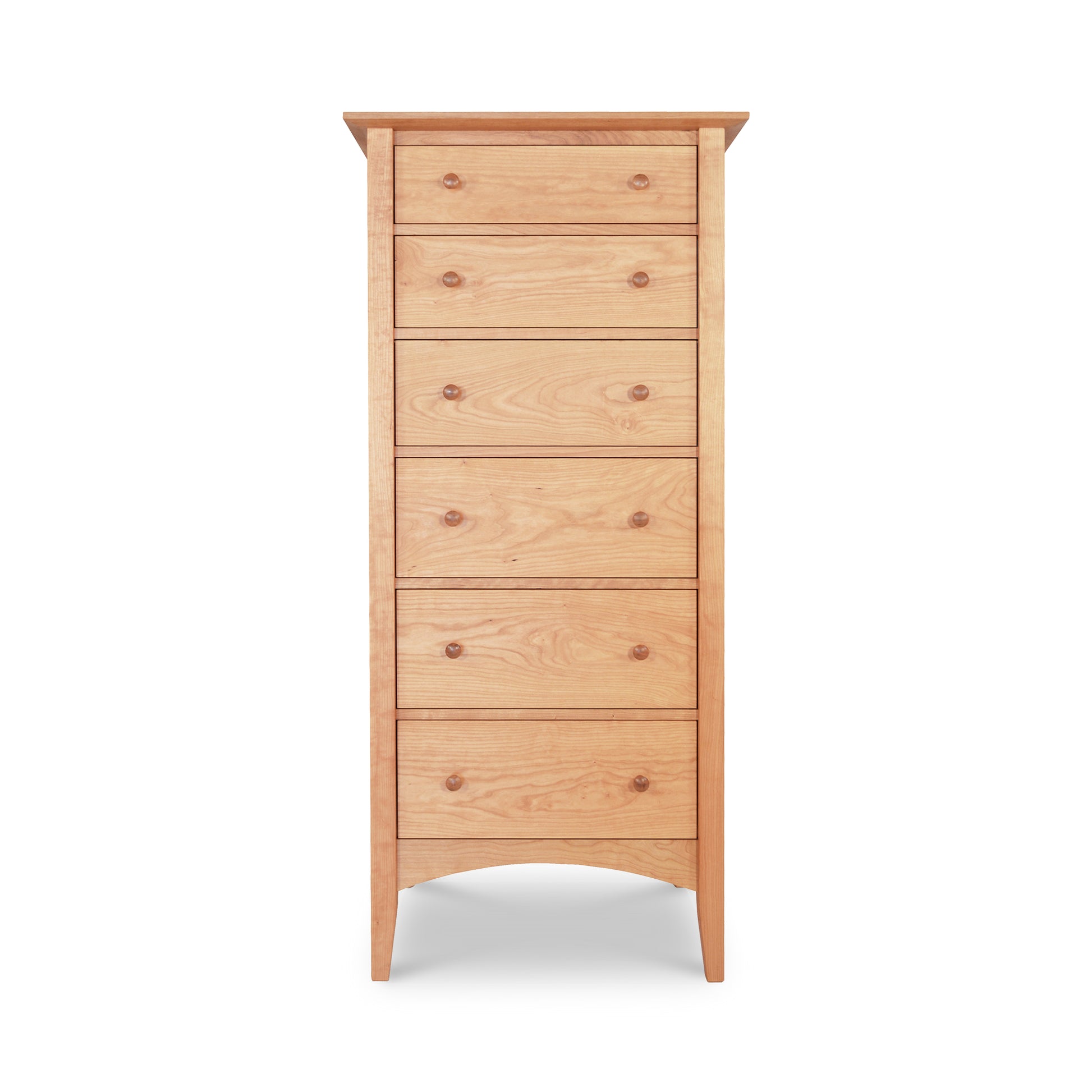 A tall, narrow American Shaker Lingerie Chest from Maple Corner Woodworks with five drawers, each featuring a round, wooden knob. The dresser has a slightly overhanging top and stands upright against a