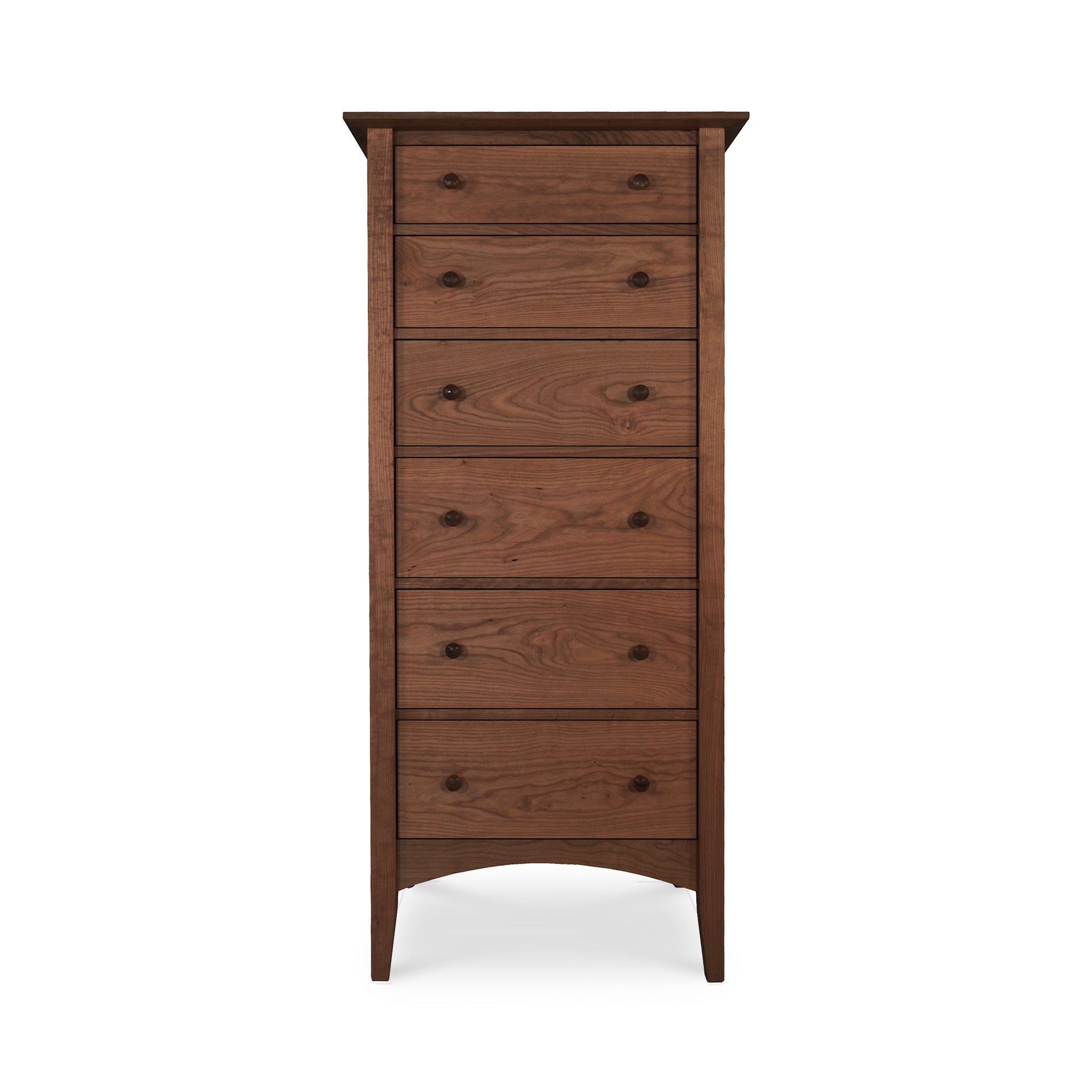 A tall, narrow American Shaker Lingerie Chest with five drawers, featuring a simple design and a rich brown finish. It is handcrafted by Maple Corner Woodworks and set against a plain white background.