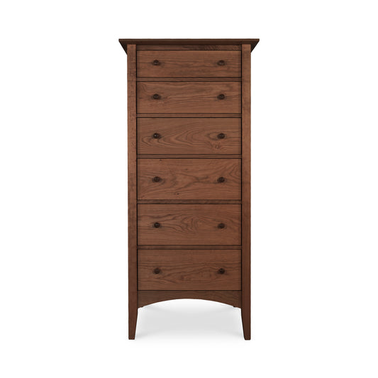 American Shaker Lingerie Chest by Maple Corner Woodworks, tall wooden dresser with seven drawers, two round knobs per drawer, natural wood finish, part of the Vermont Shaker collection.