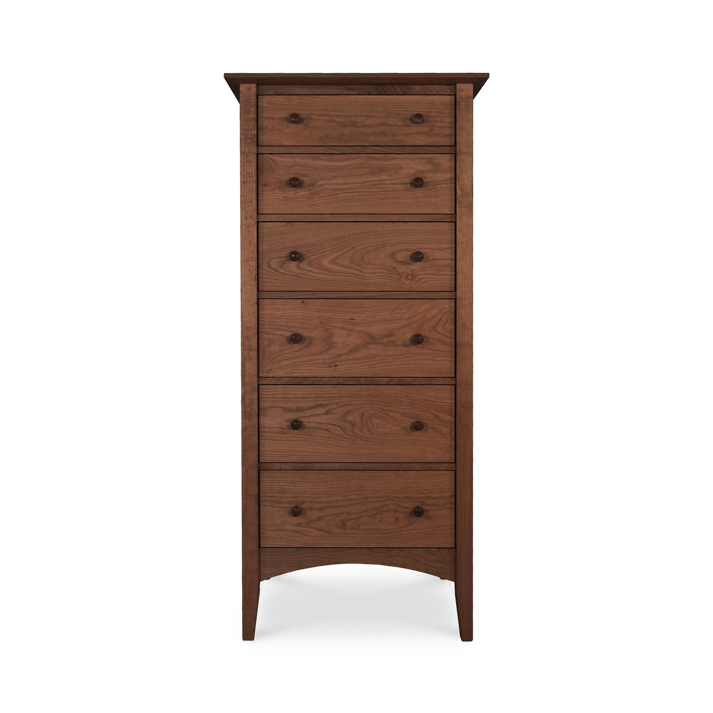 American Shaker Lingerie Chest by Maple Corner Woodworks, tall wooden dresser with seven drawers, two round knobs per drawer, natural wood finish, part of the Vermont Shaker collection.