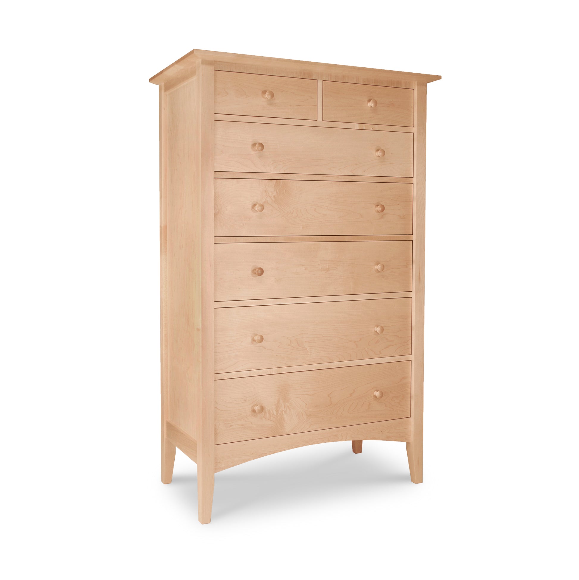 American Shaker 7-Drawer Chest with light finish, round knobs, and four-leg design crafted by Maple Corner Woodworks in Vermont using sustainably harvested hardwoods.