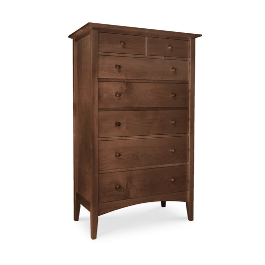 American Shaker 7-Drawer Chest by Maple Corner Woodworks, a tall wooden dresser with seven drawers, simple round knobs, and a smooth dark brown finish made from sustainably harvested hardwoods.