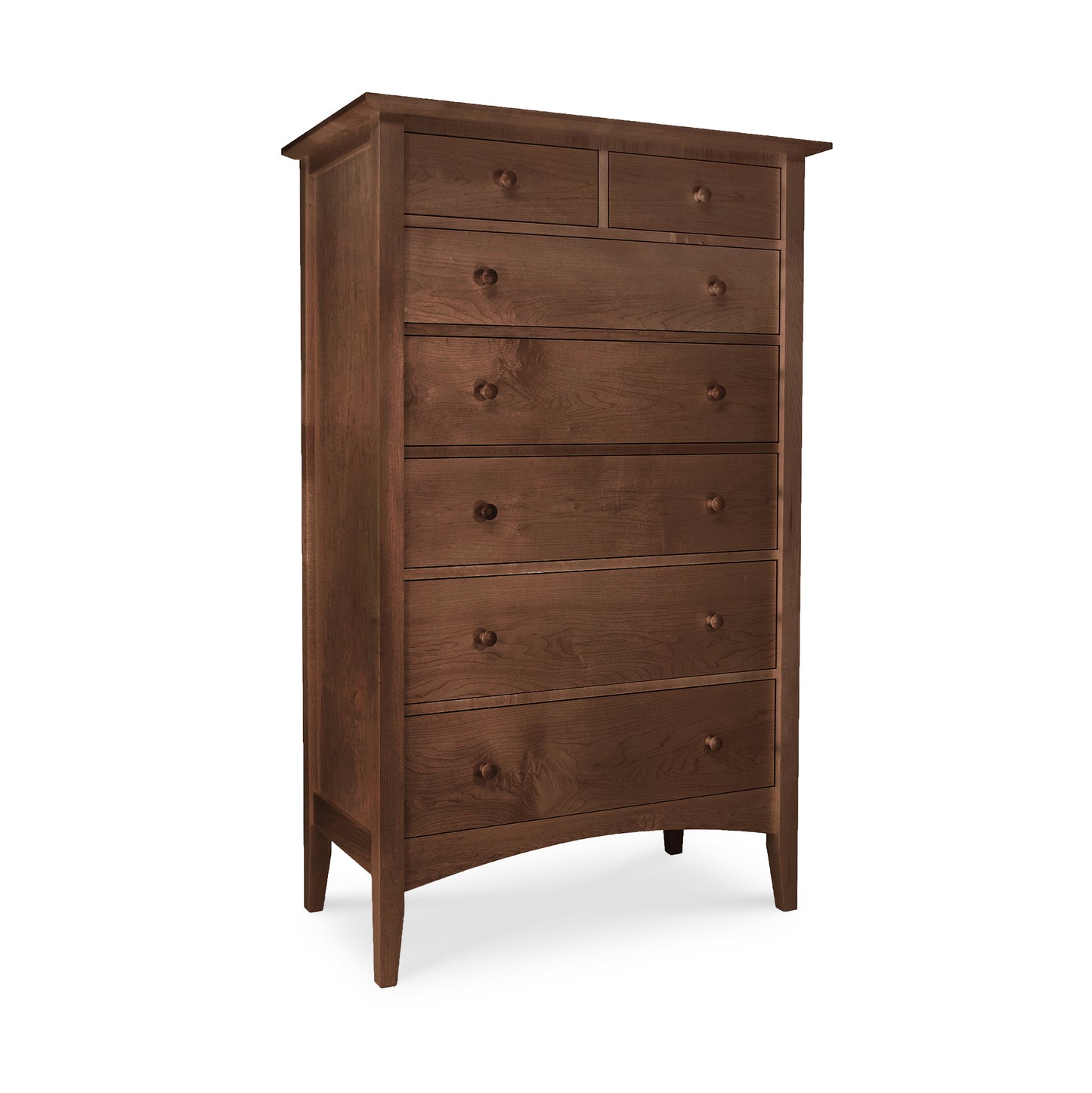 American Shaker 7-Drawer Chest by Maple Corner Woodworks, a tall wooden dresser with seven drawers, simple round knobs, and a smooth dark brown finish made from sustainably harvested hardwoods.