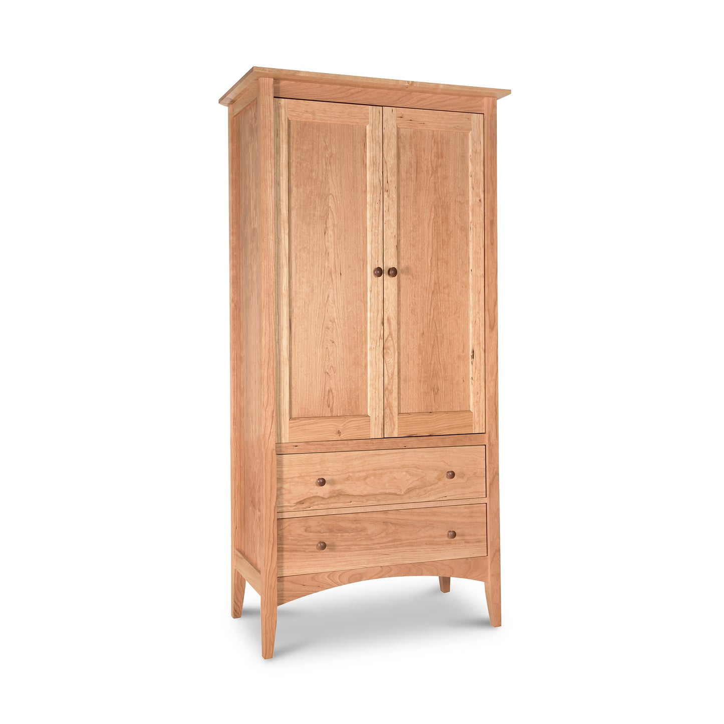 A Maple Corner Woodworks American Shaker Armoire with two doors above and two drawers below, isolated on a white background.